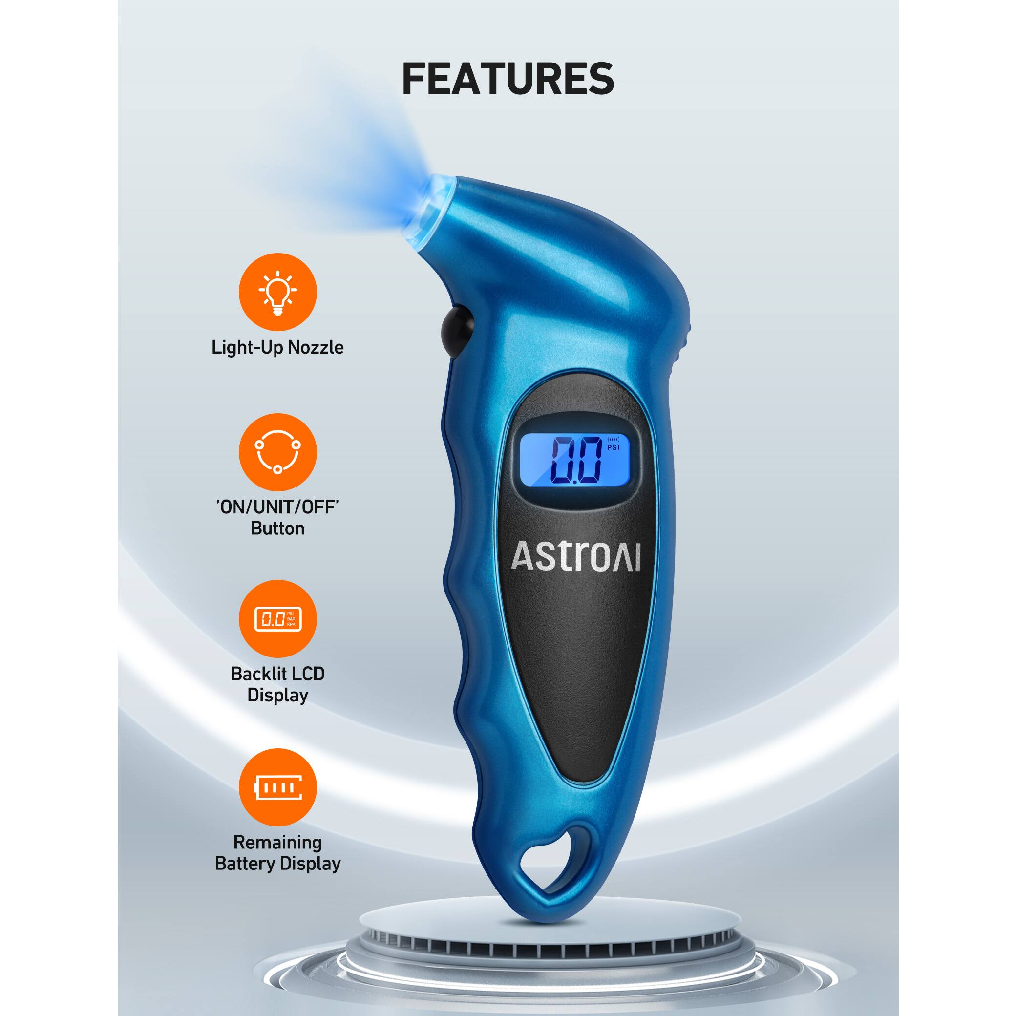 FEATURES

- Light-Up Nozzle
- 'ON/UNIT/OFF' Button
- Backlit LCD Display
- Remaining Battery Display