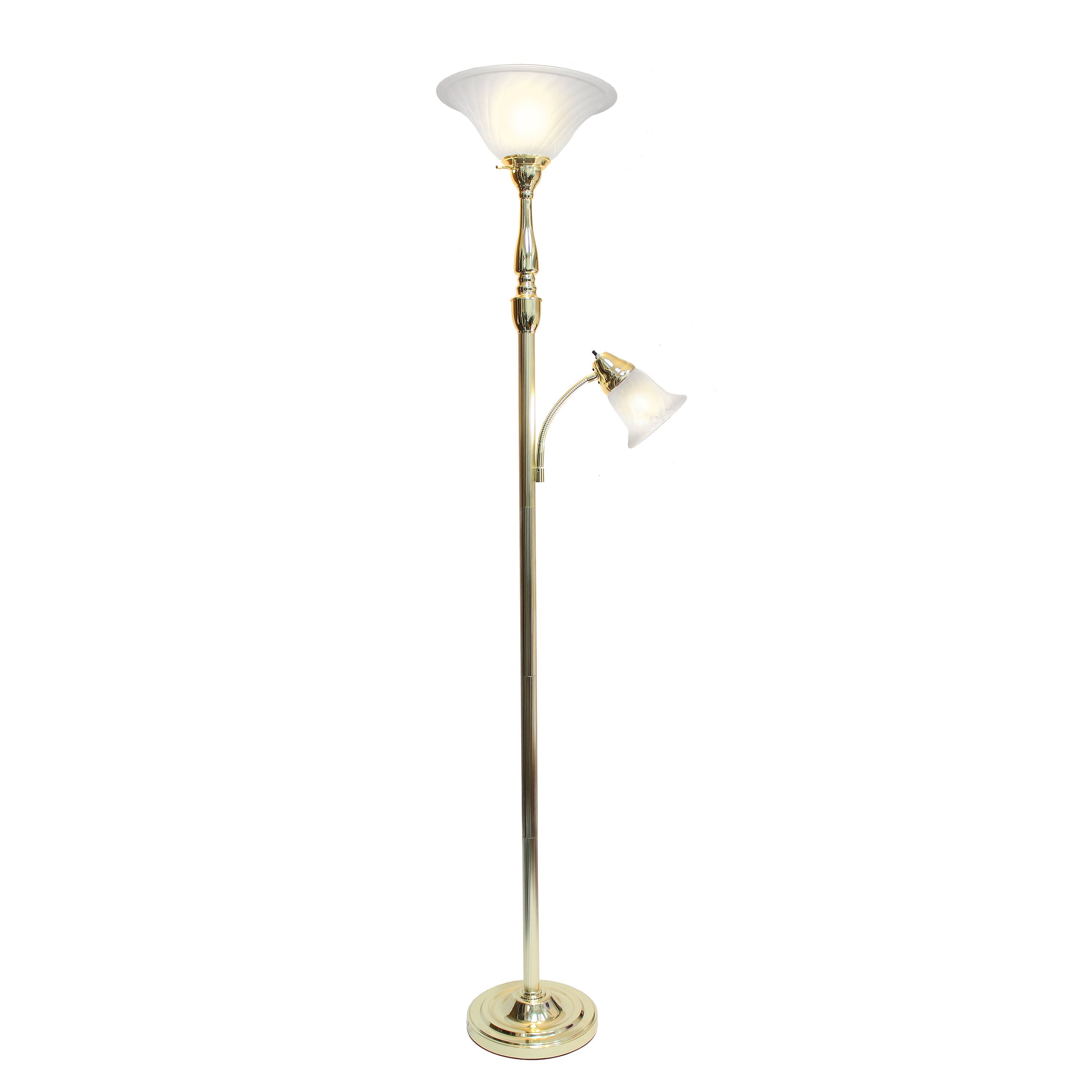 Front. Lalia Home - Torchiere 800lm Floor Lamp with Reading Light and Marble Glass Shades - Gold/White Shade.