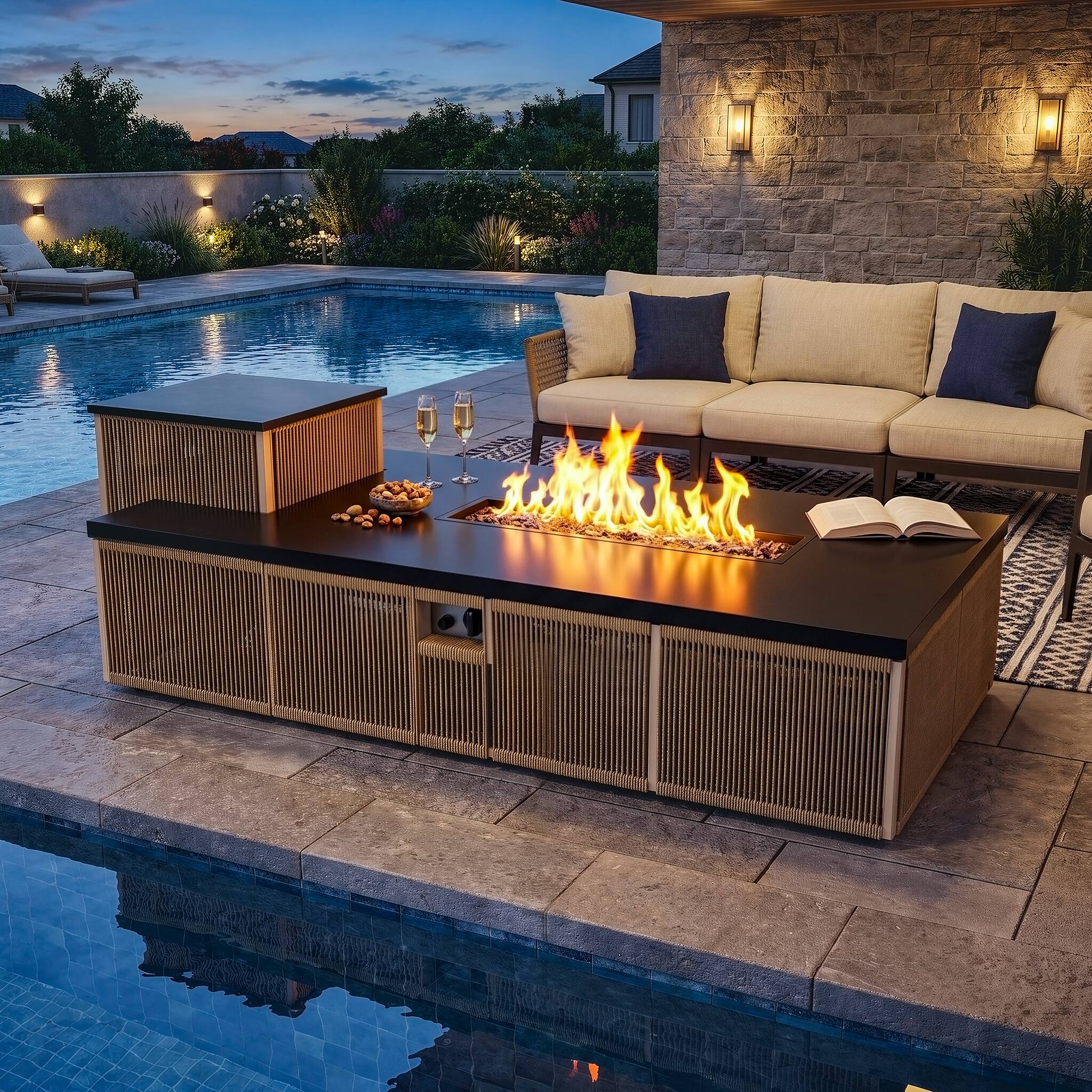 Back. Famapy - 50,000 BTU Outdoor Propane Gas Fire Pit Table with Hidden Tank Storage, LED Lighting, Lid and Cover - Light Teak & Matte Black.