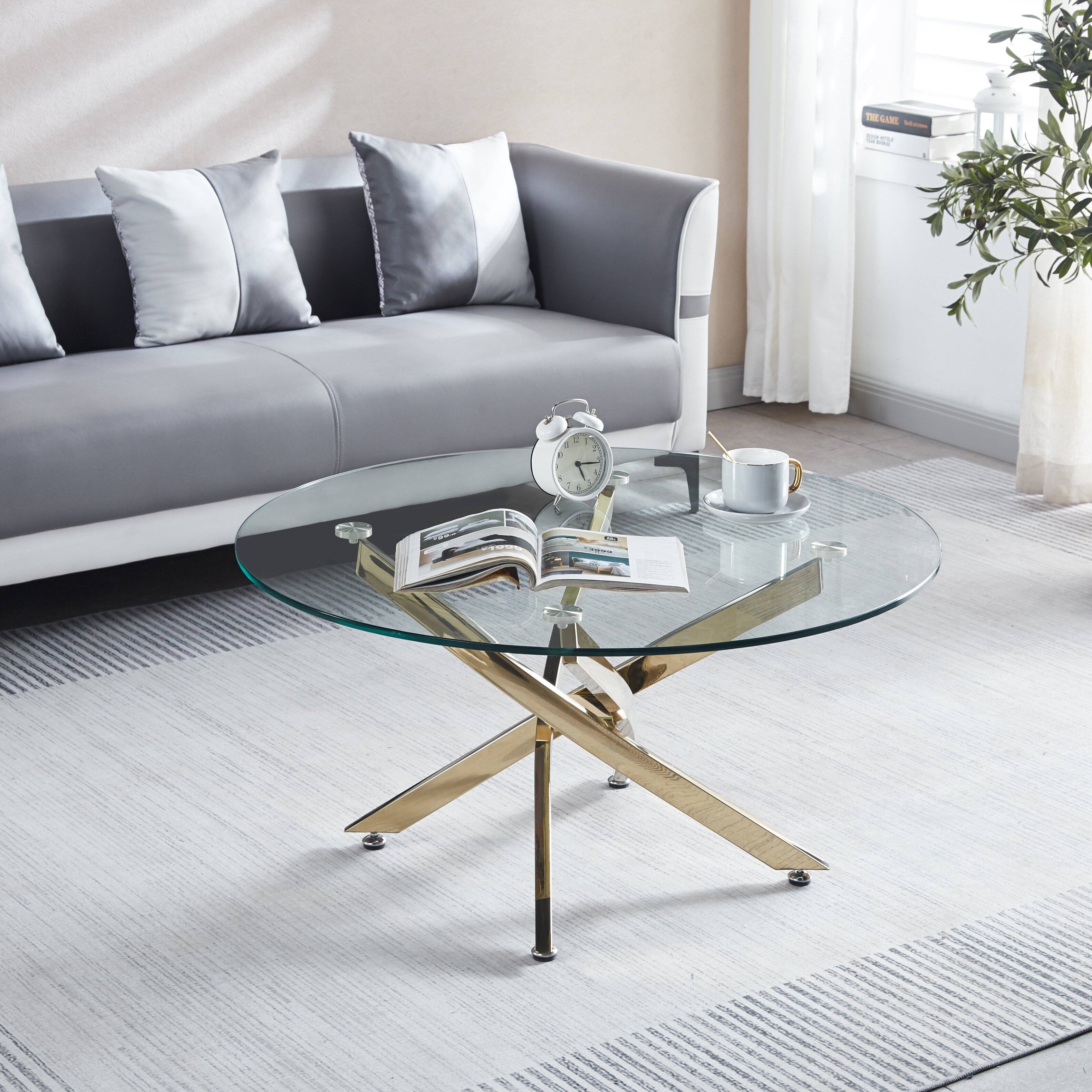 Angle. TinyHomie - Modern Round Tempered Glass Coffee Table With Chrome Legs - white.