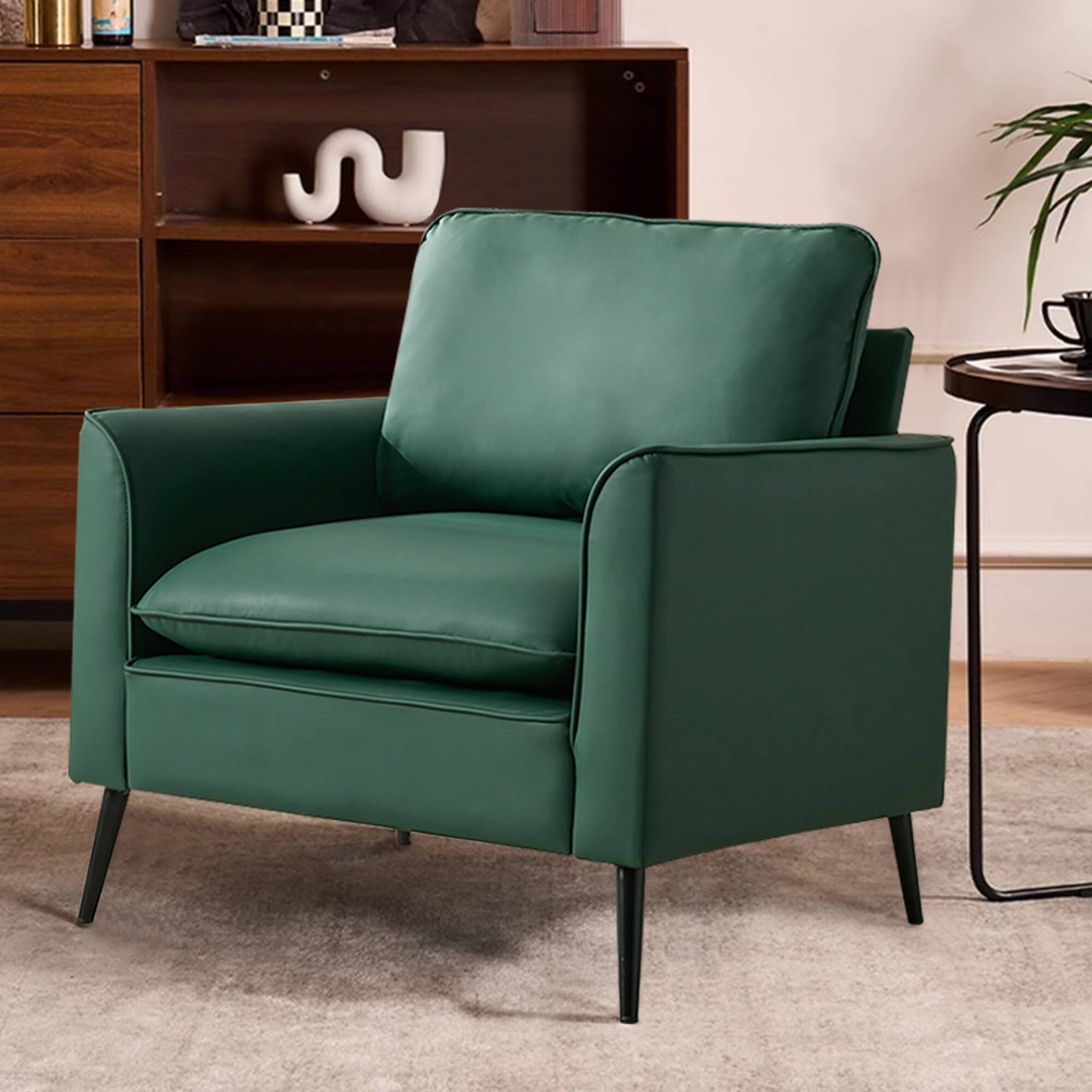 Alt View 1. GOODSILO - Nordic Retro Light Luxury Leather Upholstered Sofa Chair for Living Room, Bedroom, or Balcony - Green.