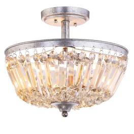 Jonathan Y - Caleb 14.2" 3-Light Crystal / Metal LED Semi-Flush Mount - Antique Silver/Amber