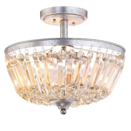 Front. Jonathan Y - Caleb 14.2" 3-Light Crystal / Metal LED Semi-Flush Mount, Antique Silver/Amber - Antique Silver/Amber.