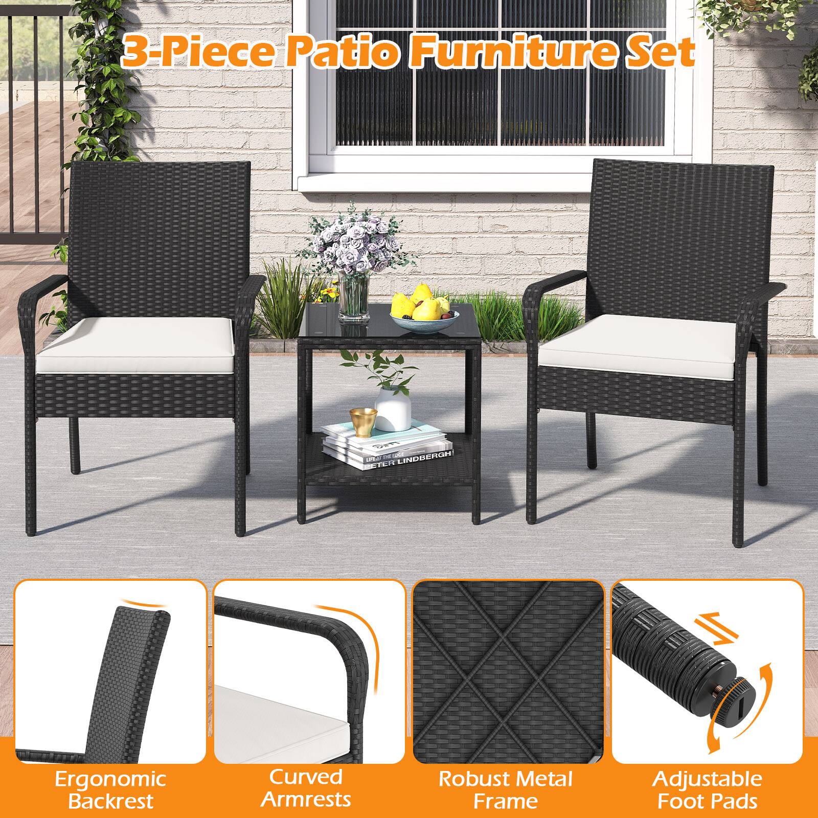 3-Piece Patio Furniture Set

- Ergonomic Backrest
- Curved Armrests
- Robust Metal Frame
- Adjustable Foot Pads