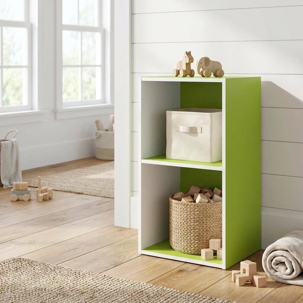 Angle. FurniFact - Storage solution with 2 open tiers, suitable for living room or office - Green/White.