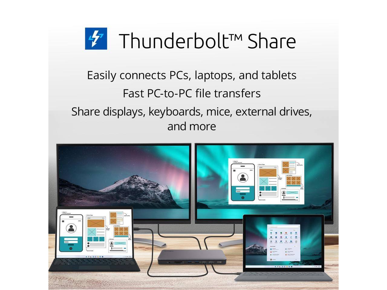 Thunderbolt™ Share

Easily connects PCs, laptops, and tablets  
Fast PC-to-PC file transfers  
Share displays, keyboards, mice, external drives, and more