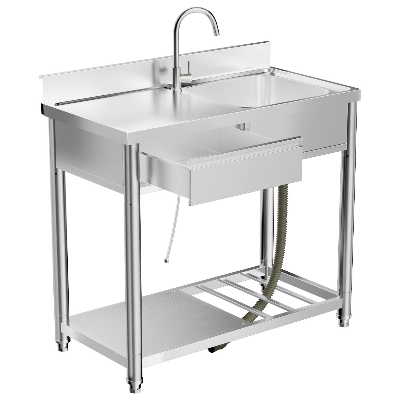 Angle. Siljoy - Utility Sink with Storage Shelf Freestanding Prep Table with Drawer 39" Sink Station with 360° Hot & Cold Water Faucet - Silver.