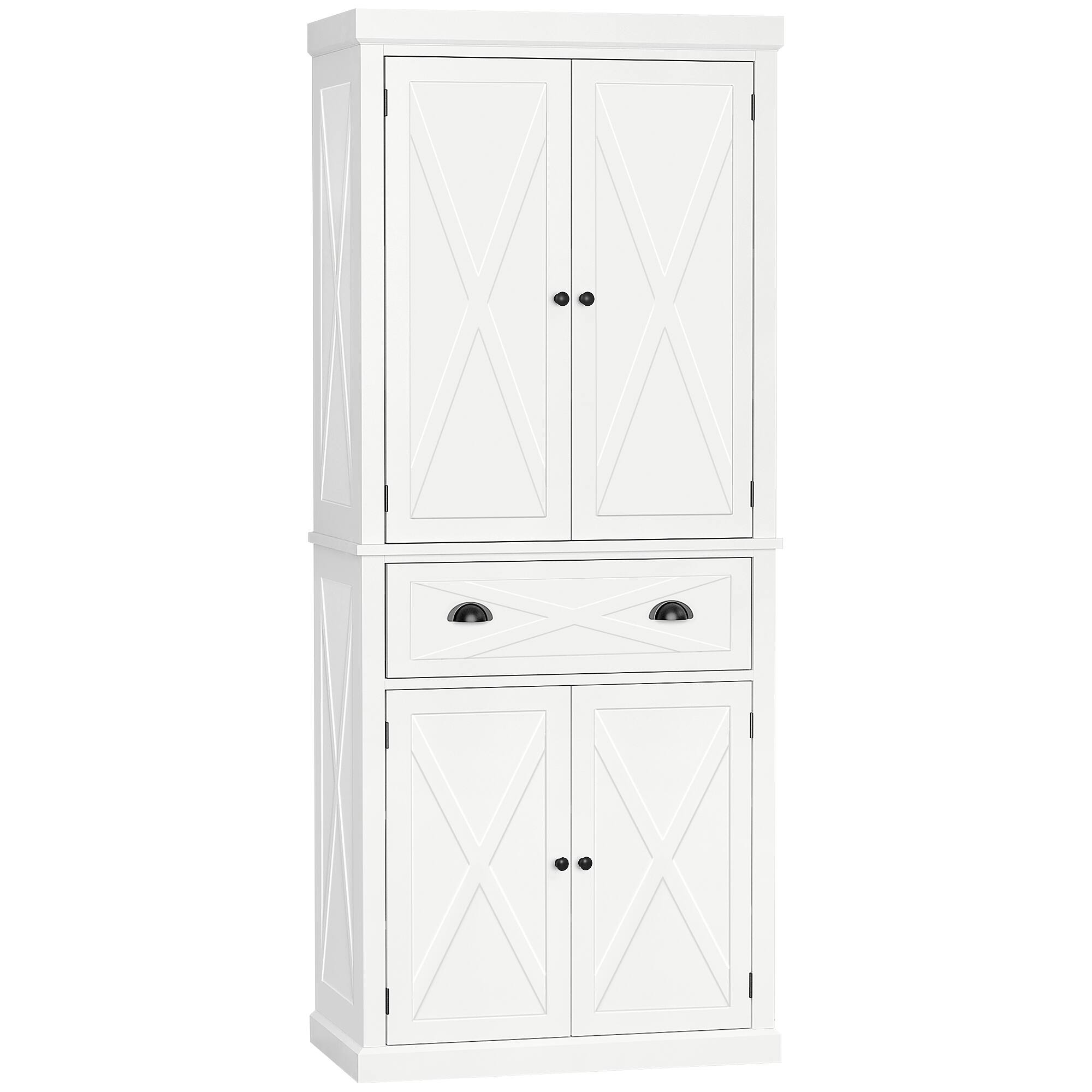 Homcom - 72" Kitchen Pantry Storage Cabinet, Traditional Freestanding Cupboard with 4 Doors and 2 Adjustable Shelves - White
