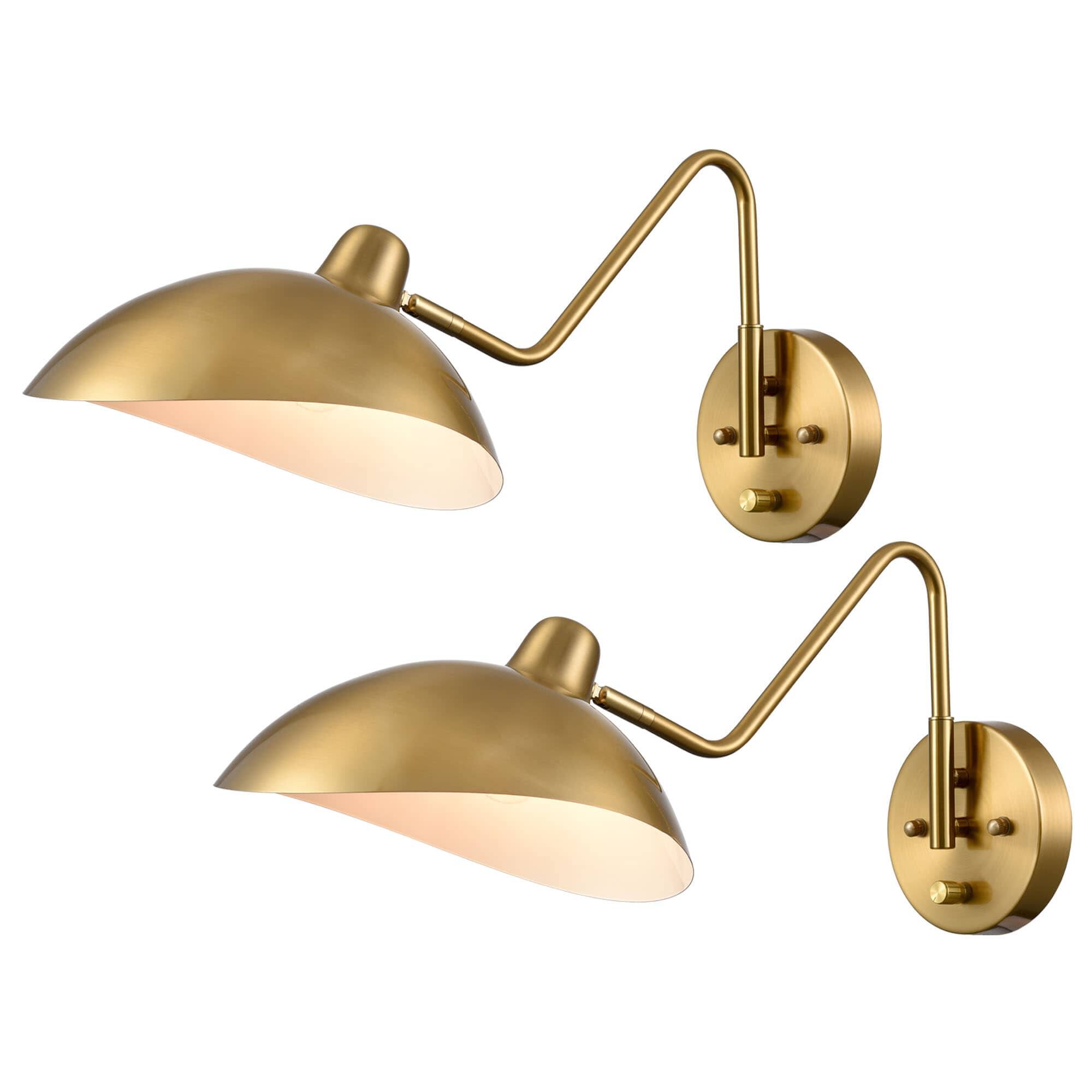 Front. MOOSE - Maggiano Modern Brass Metal Wall Sconce with On/Off Switch Plug-in or Hard wired Swing Arm Wall Light Fixture, Set of 2 - Gold.