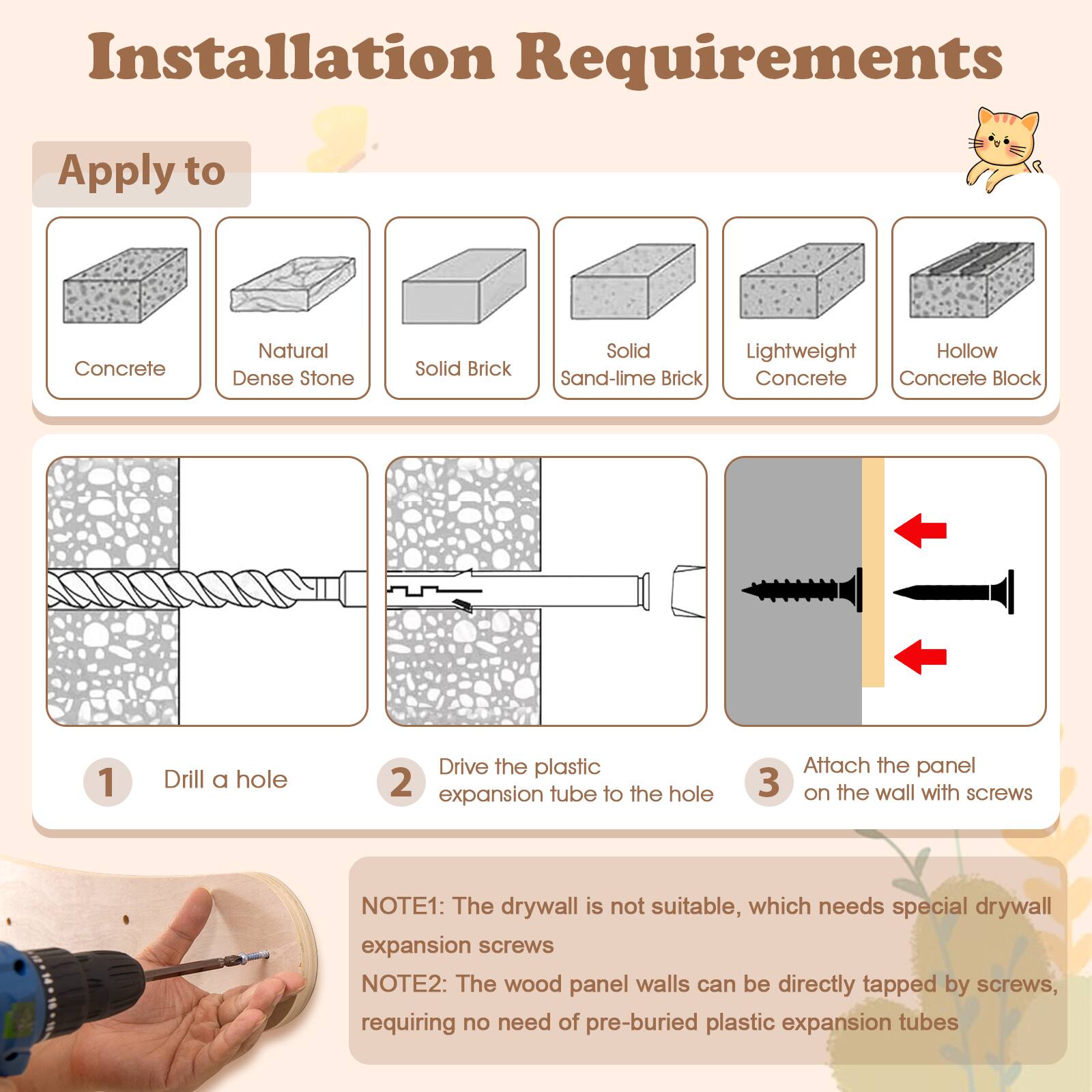 Installation Requirements

Apply to:
- Concrete
- Natural Dense Stone
- Solid Brick
- Solid Sand-lime Brick
- Lightweight Concrete
- Hollow Concrete Block

1. Drill a hole
2. Drive the plastic expansion tube to the hole
3. Attach the panel on the wall with screws

NOTE1: The drywall is not suitable, which needs special drywall expansion screws.
NOTE2: The wood panel walls can be directly tapped by screws, requiring no need of pre-buried plastic expansion tubes.