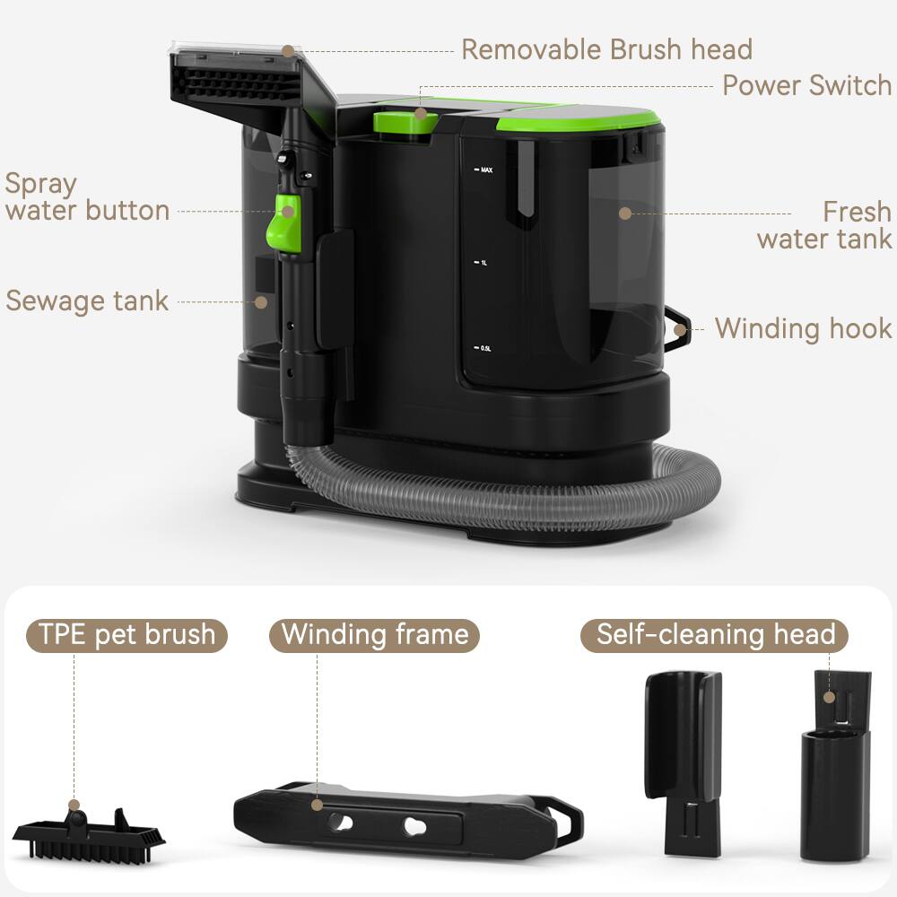 - Removable Brush head
- Power Switch
- Spray water button
- Sewage tank
- Fresh water tank
- Winding hook
- TPE pet brush
- Winding frame
- Self-cleaning head