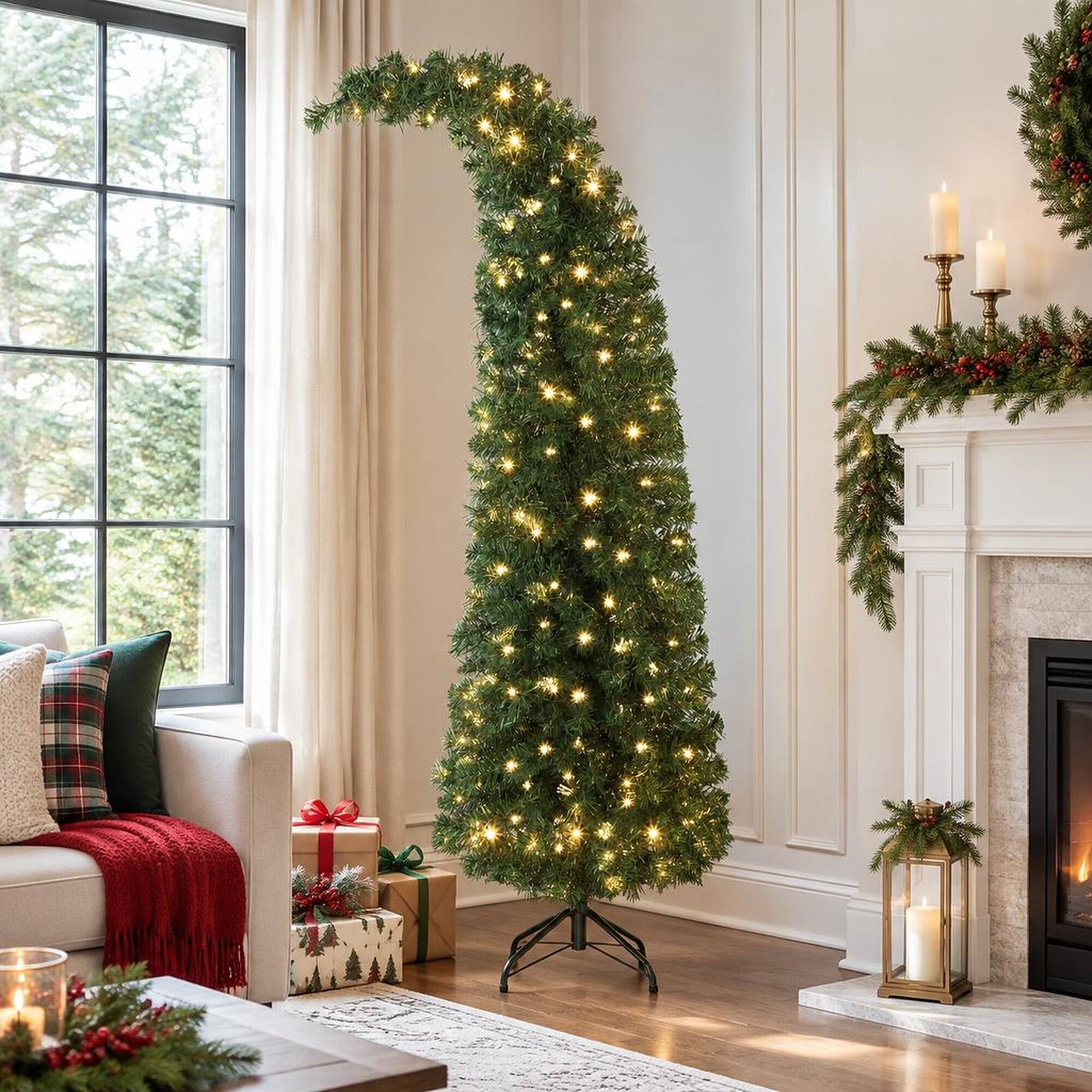 Back. RYHNUYNE - 5 Ft Bent Top Slim Fir Artificial Christmas Tree With 100 LED Lights, Metal Stand Whimsical Holiday Decor - Green.