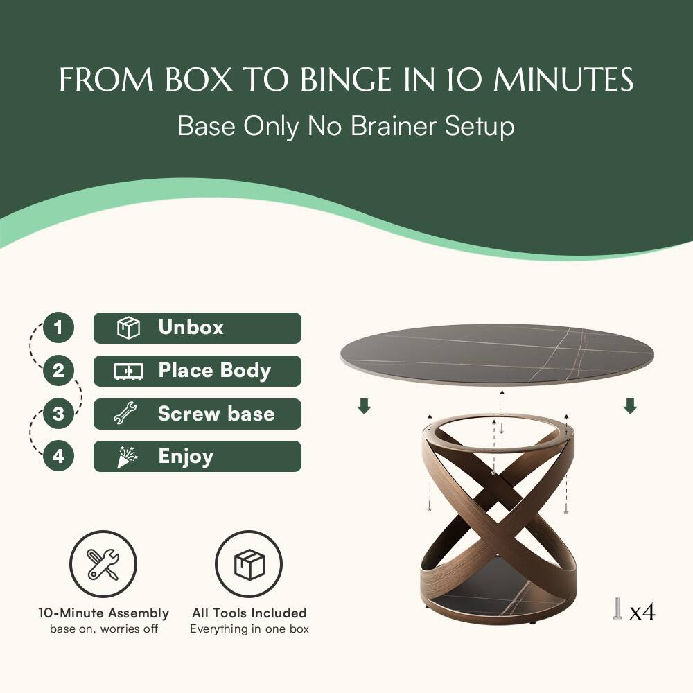 FROM BOX TO BINGE IN 10 MINUTES  
Base Only No Brainer Setup  

1. Unbox  
2. Place Body  
3. Screw base  
4. Enjoy  

10-Minute Assembly  
base on, worries off  

All Tools Included  
Everything in one box  

x4