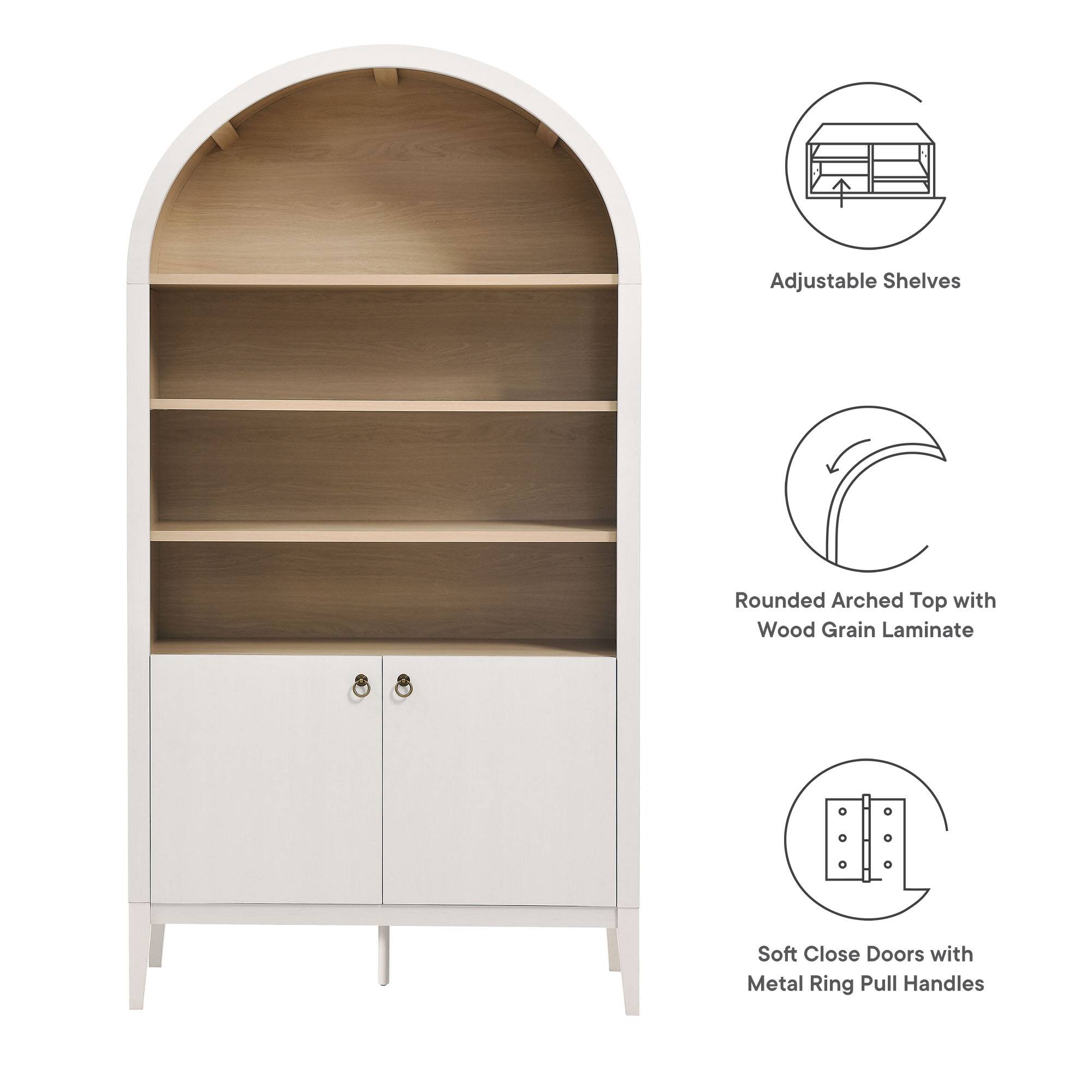 Adjustable Shelves  
Rounded Arched Top with Wood Grain Laminate  
Soft Close Doors with Metal Ring Pull Handles