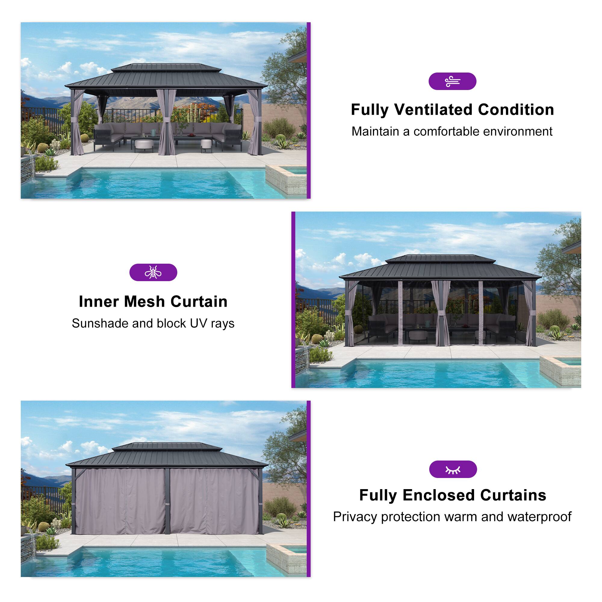 - Fully Ventilated Condition  
  Maintain a comfortable environment

- Inner Mesh Curtain  
  Sunshade and block UV rays

- Fully Enclosed Curtains  
  Privacy protection warm and waterproof