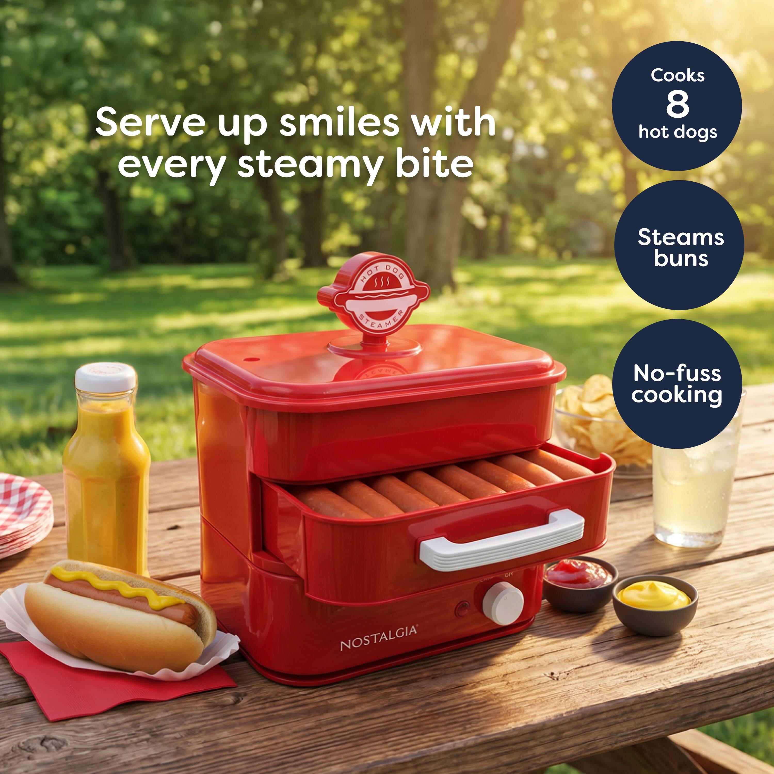 Serve up smiles with every steamy bite  
Cooks 8 hot dogs  
Steams buns  
No-fuss cooking  
NOSTALGIA