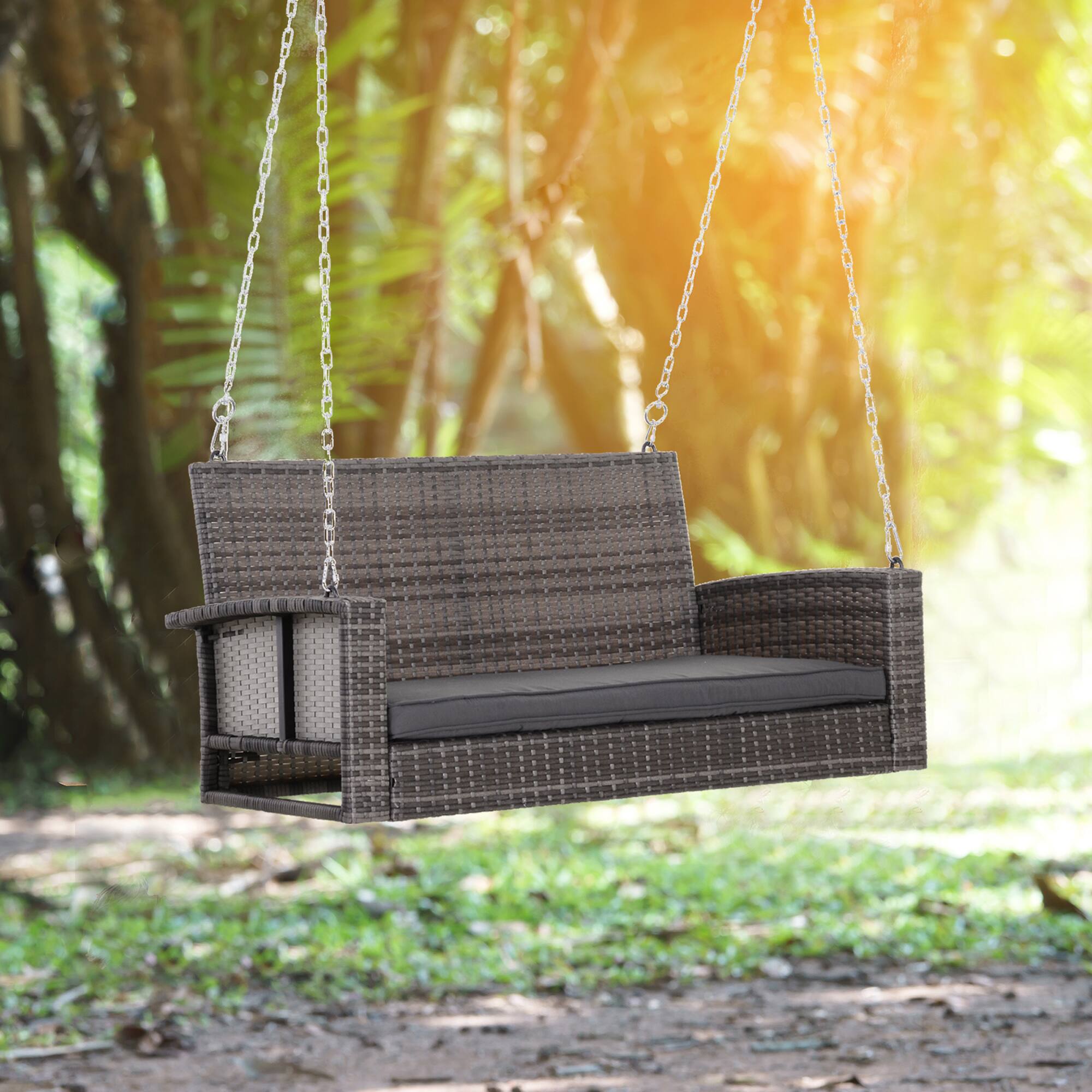 Alt View 1. Outsunny - 2 Person Wicker Hanging Swing Bench, Front Porch Swing Outdoor Chair with Cushions 550 lbs. Weight Capacity - Gray.