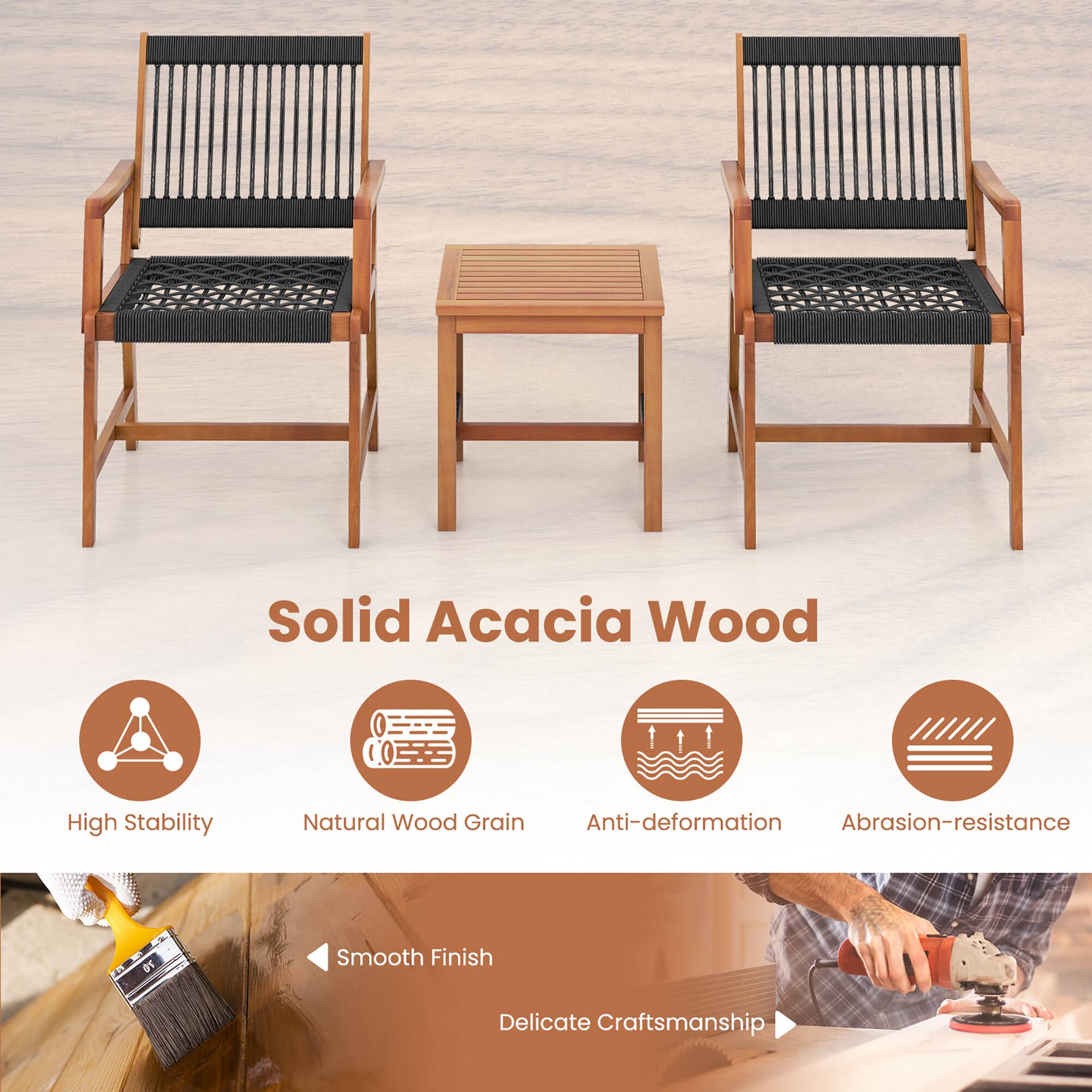 Solid Acacia Wood
High Stability
Natural Wood Grain
Anti-deformation
Abrasion-resistance
Smooth Finish
Delicate Craftsmanship