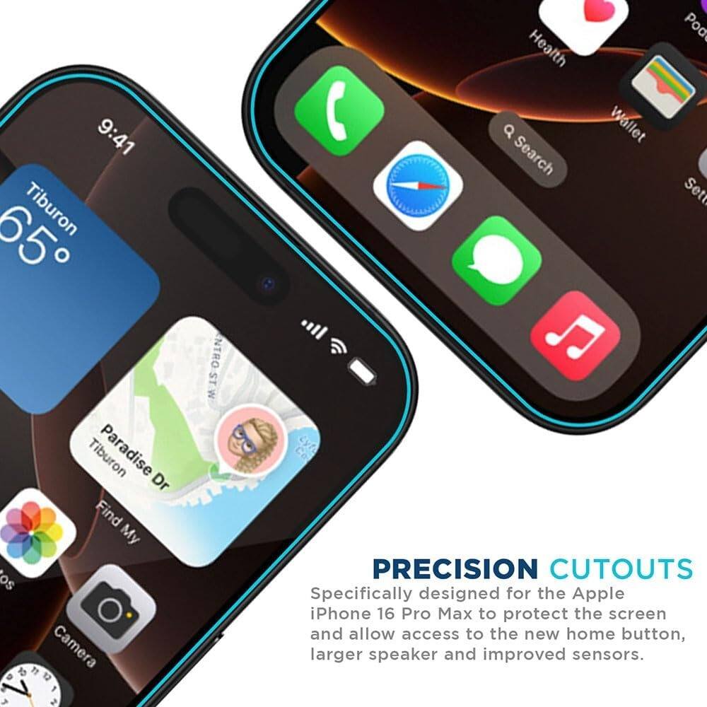 9:41  
Tiburon 65°  
Tiburon Paradise Dr  

Find My  
Camera  
10 12 7 2 1  

PRECISION CUTOUTS  
Specifically designed for the Apple iPhone 16 Pro Max to protect the screen and allow access to the new home button, larger speaker and improved sensors.