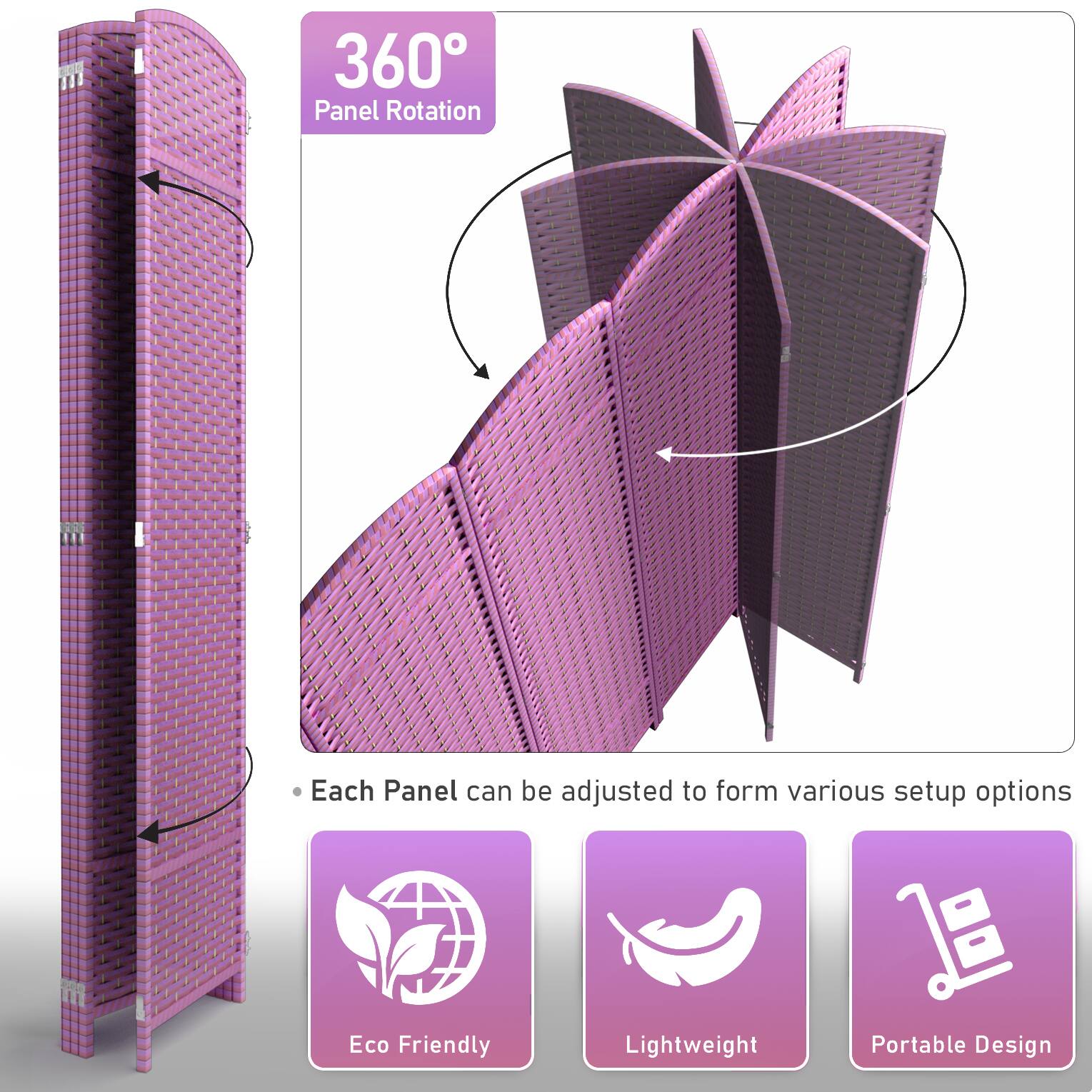 360° Panel Rotation

Each Panel can be adjusted to form various setup options

- Eco Friendly
- Lightweight
- Portable Design