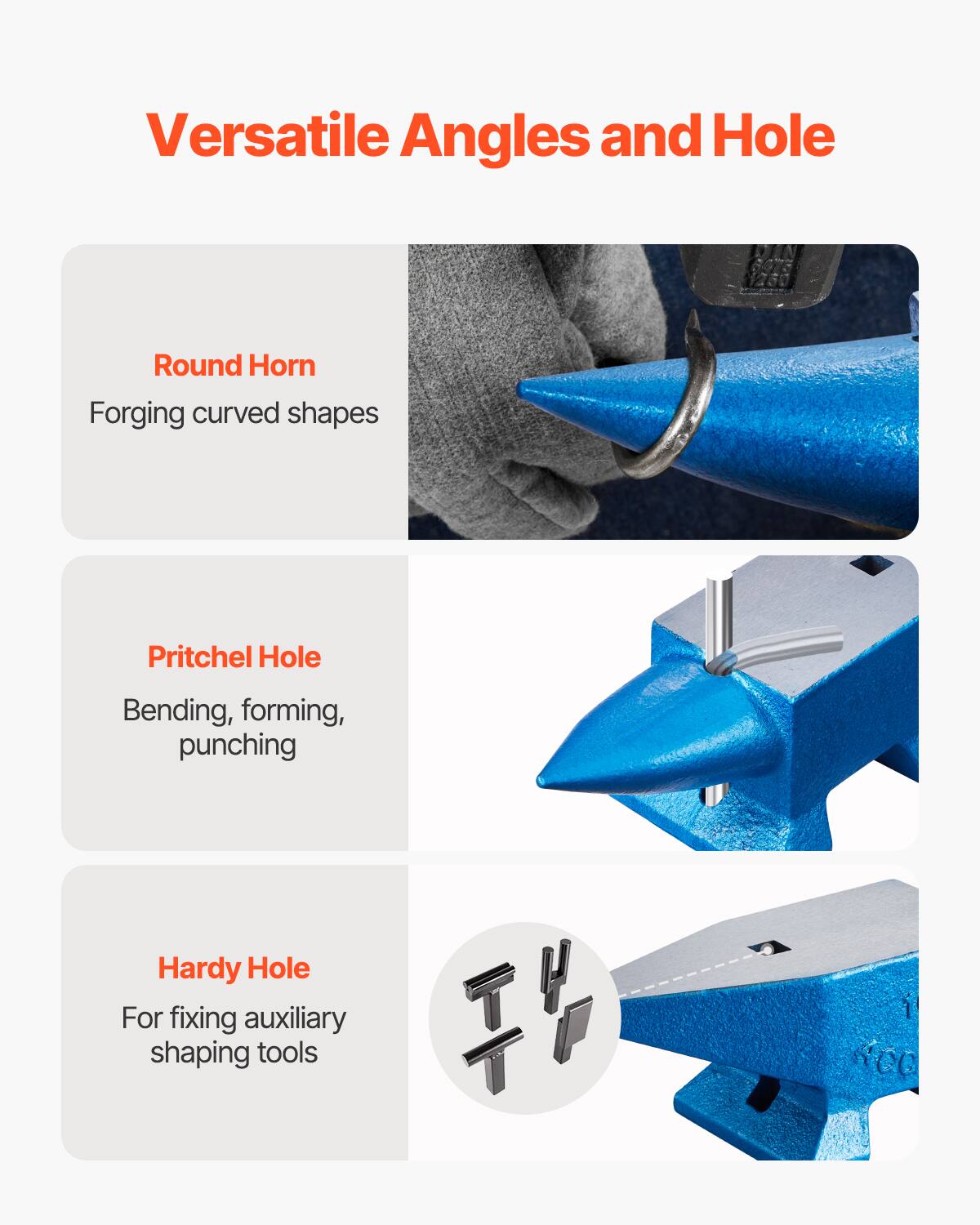 Versatile Angles and Hole

- Round Horn
  - Forging curved shapes

- Pritchel Hole
  - Bending, forming, punching

- Hardy Hole
  - For fixing auxiliary shaping tools