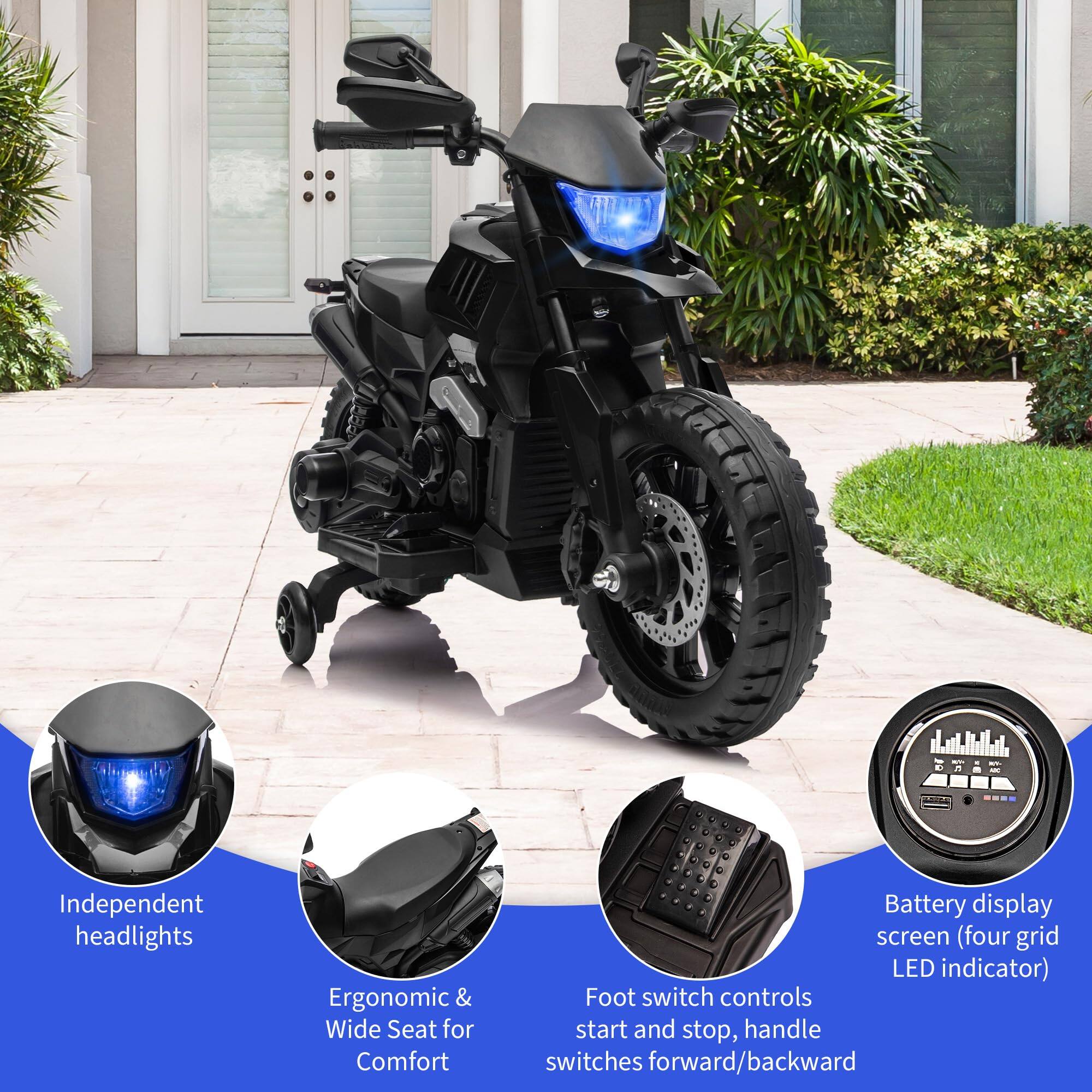 - Independent headlights
- Ergonomic & Wide Seat for Comfort
- Battery display screen (four grid LED indicator)
- Foot switch controls start and stop, handle switches forward/backward