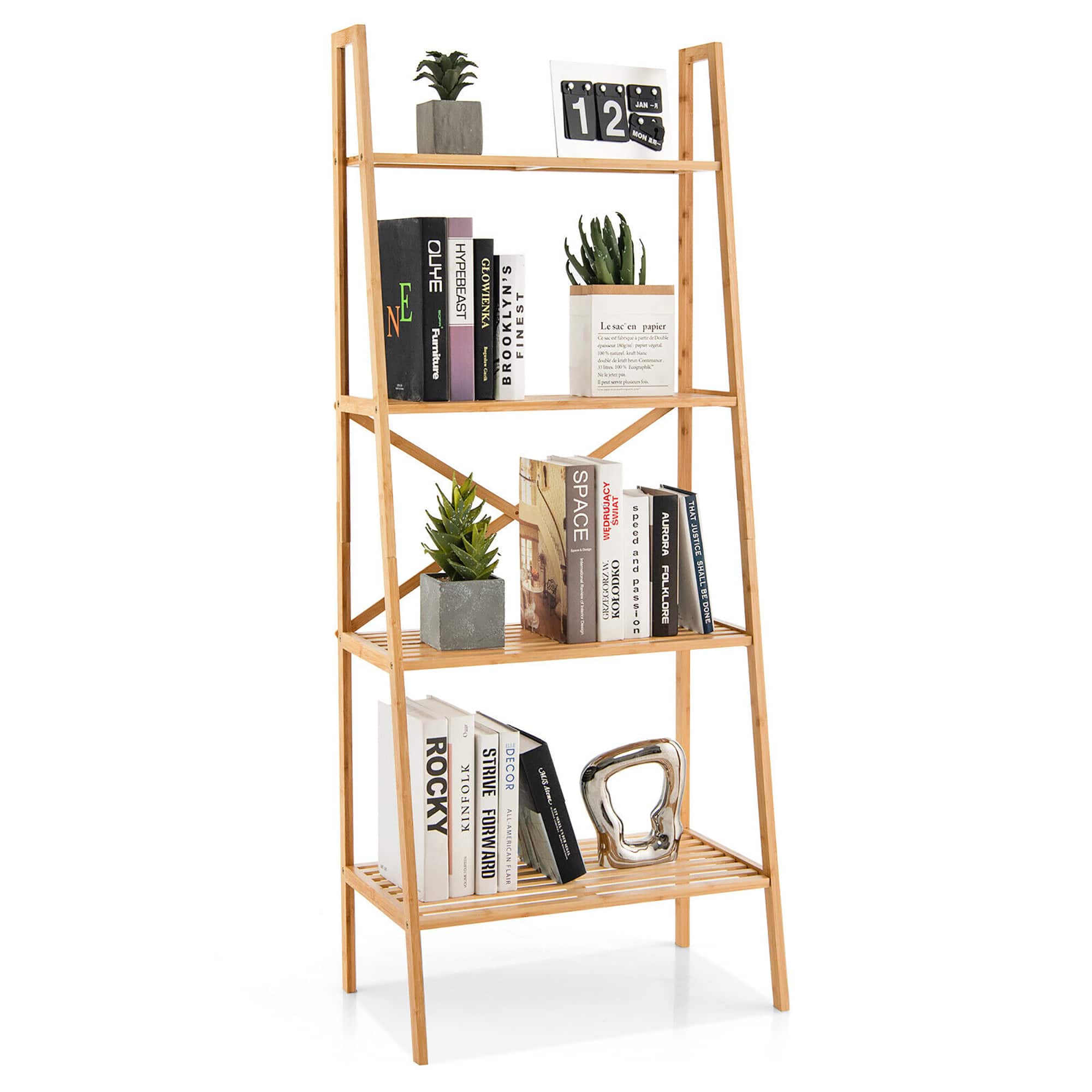 Gymax - 4-Tier Bamboo Ladder Bookshelf 58'' Display Shelf Storage Rack Plant Flower Stand - Natural