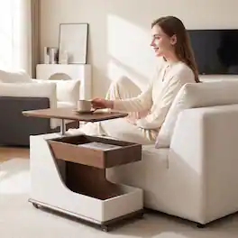Loheer - Adjustable Height Side Table Movable Coffee Table with Storage Cupboards Portable Rolling Table Off-White Walnut - Off-White and Walnut
