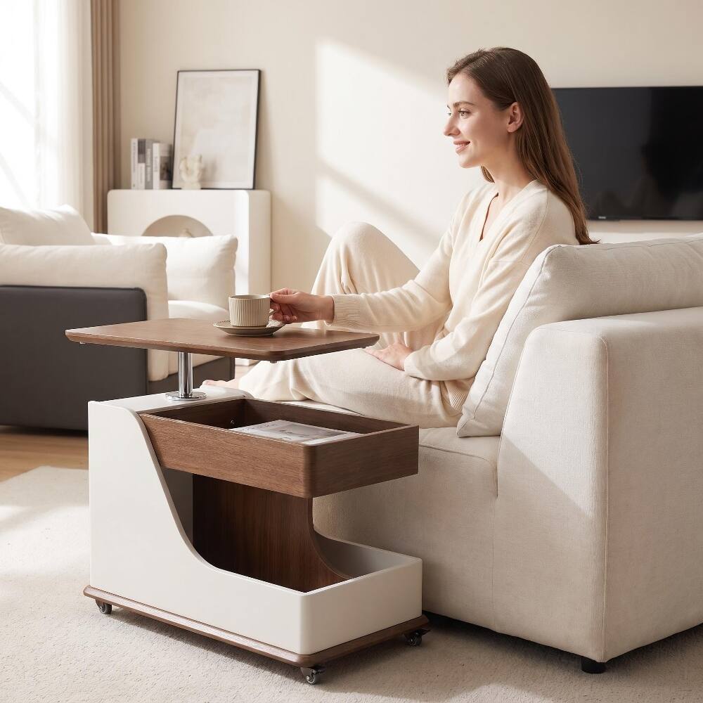 Loheer - Adjustable Height Side Table Movable Coffee Table with Storage Cupboards Portable Rolling Table Off-White Walnut - Off-White and Walnut