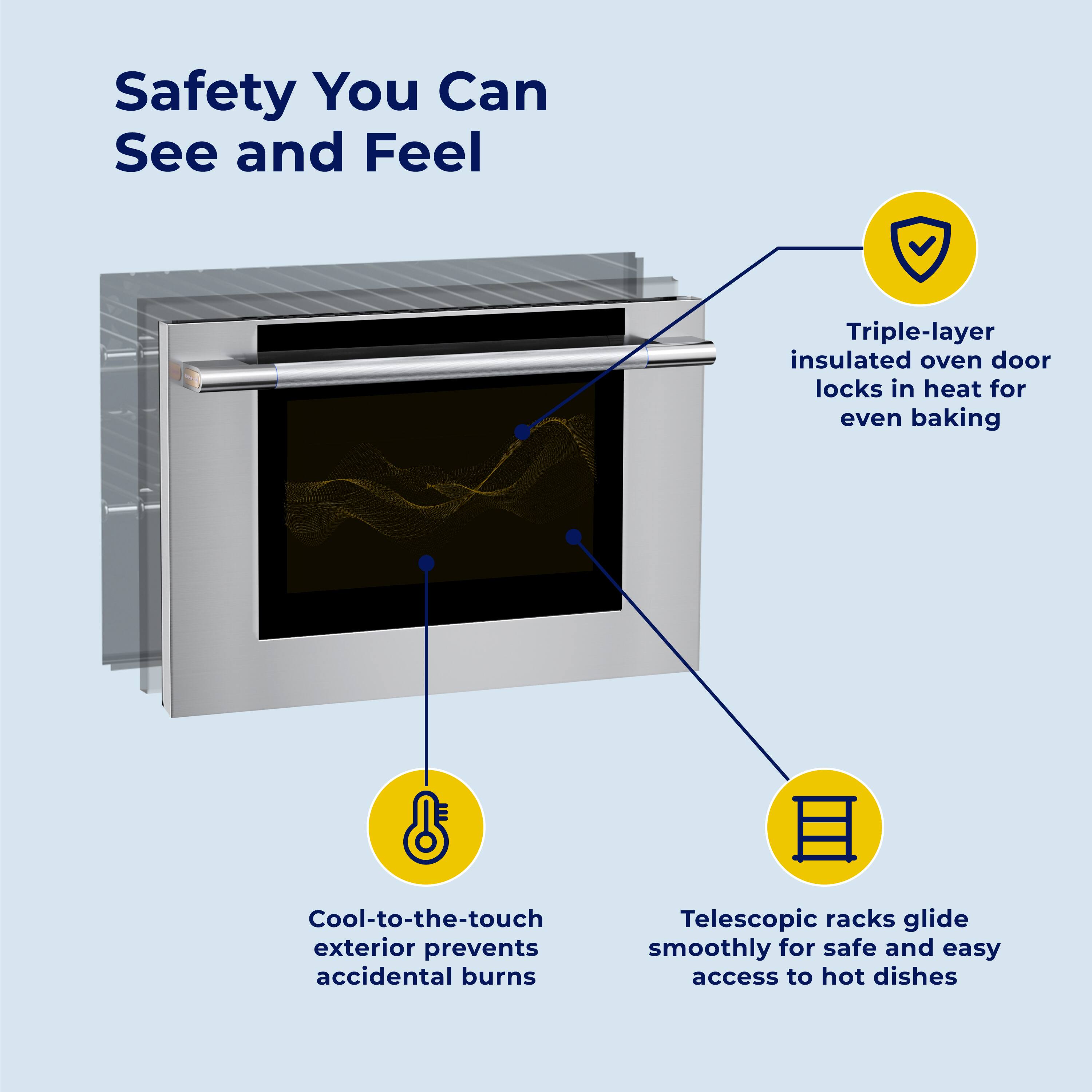 Safety You Can See and Feel

- Triple-layer insulated oven door locks in heat for even baking
- Cool-to-the-touch exterior prevents accidental burns
- Telescopic racks glide smoothly for safe and easy access to hot dishes