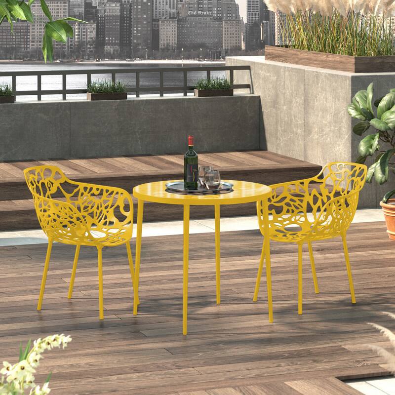 Angle. LeisureMod - Set of 2 Devon Aluminum Dining Chair with UV-Protected Aluminum Frame Floral Cutout Design for Indoor Outdoor - Yellow.
