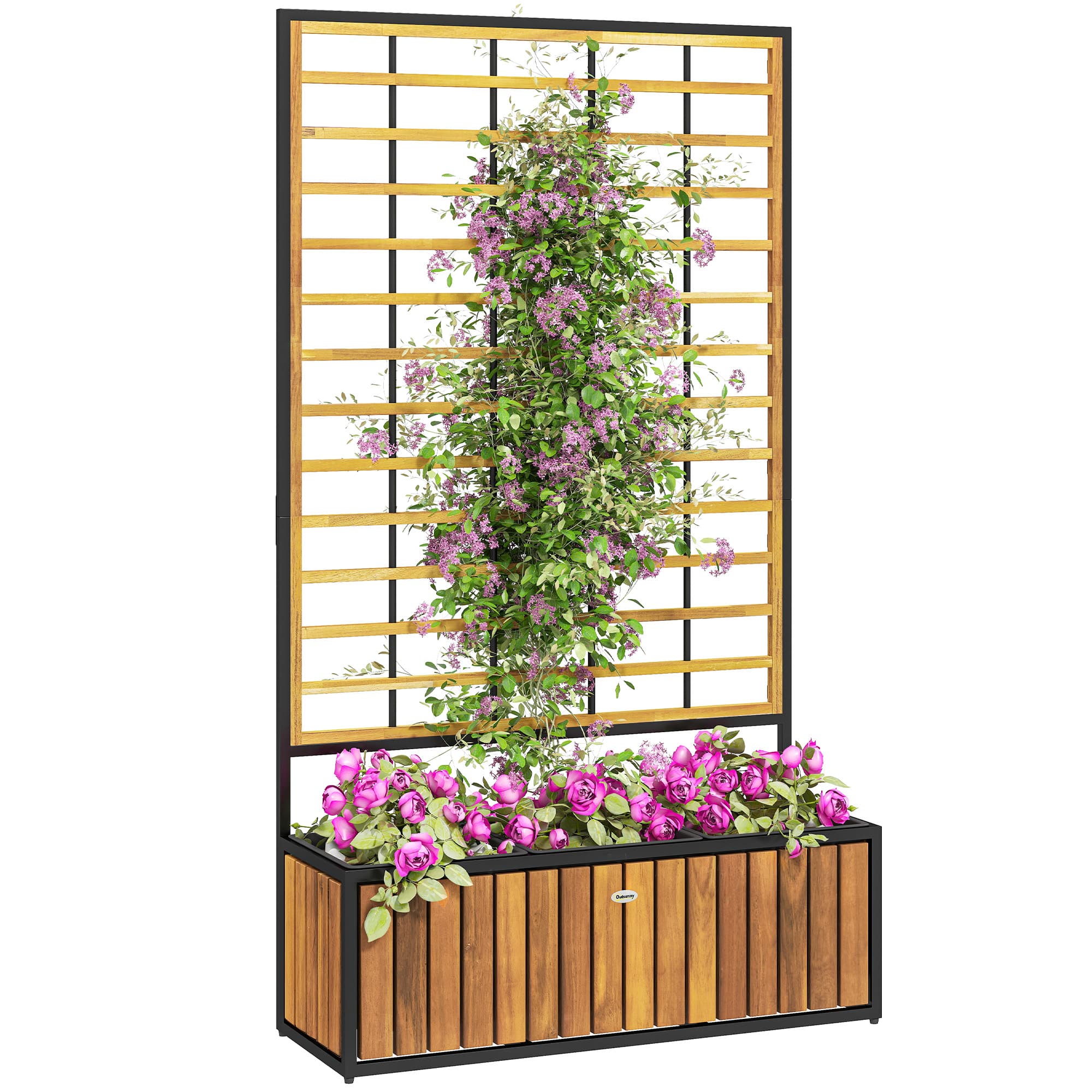 Outsunny - Wooden Raised Garden Bed with Trellis, Removable Pots, Drainage Holes for Climbing Vines, Vegetables, Flowers - Teak