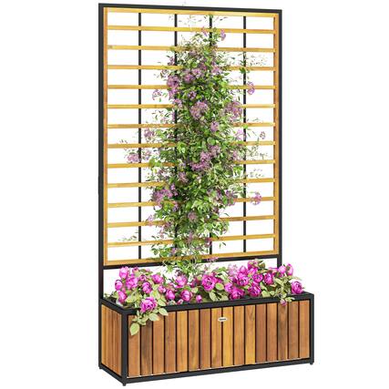 Front. Outsunny - Wooden Raised Garden Bed with Trellis, Removable Pots, Drainage Holes for Climbing Vines, Vegetables, Flowers - Teak.
