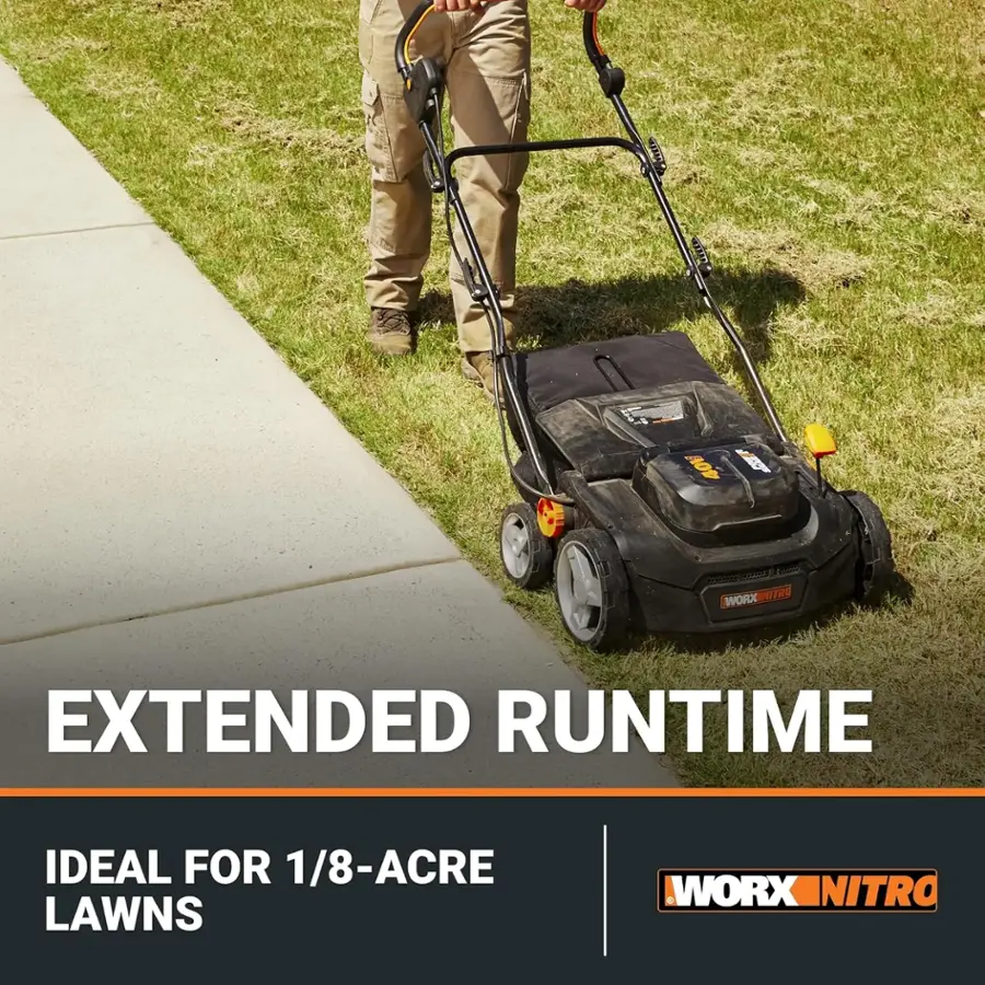 The text on the image reads: "WORX WORX NITRO EXTENDED RUN TIME IDEAL FOR 1/8-ACRE LAWNS."