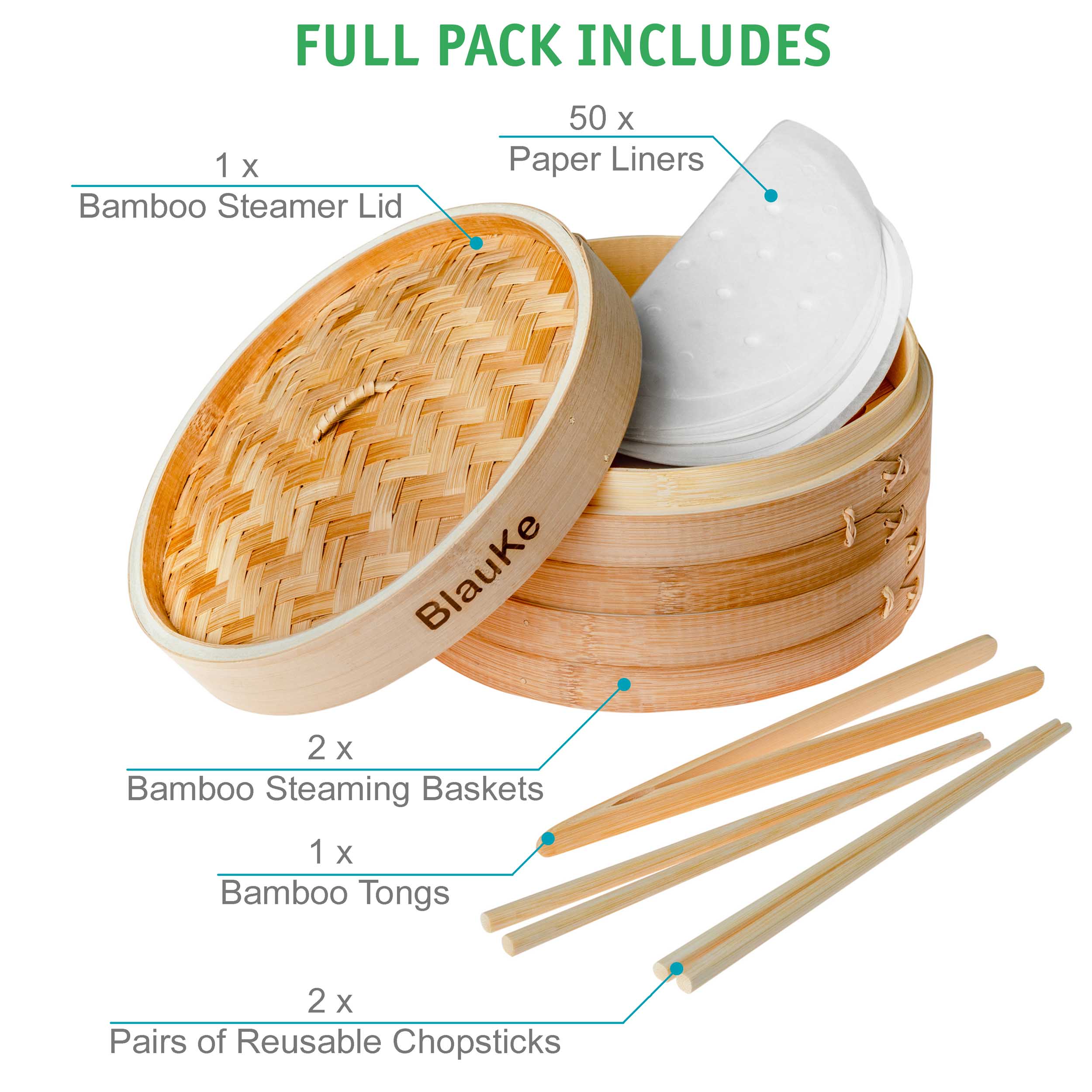 FULL PACK INCLUDES 1 X Bamboo Steamer Lid 50 X Paper Liners 2 X Bamboo Steaming Baskets 1 X Bamboo Tongs 2 X Pairs of Reusable Chopsticks