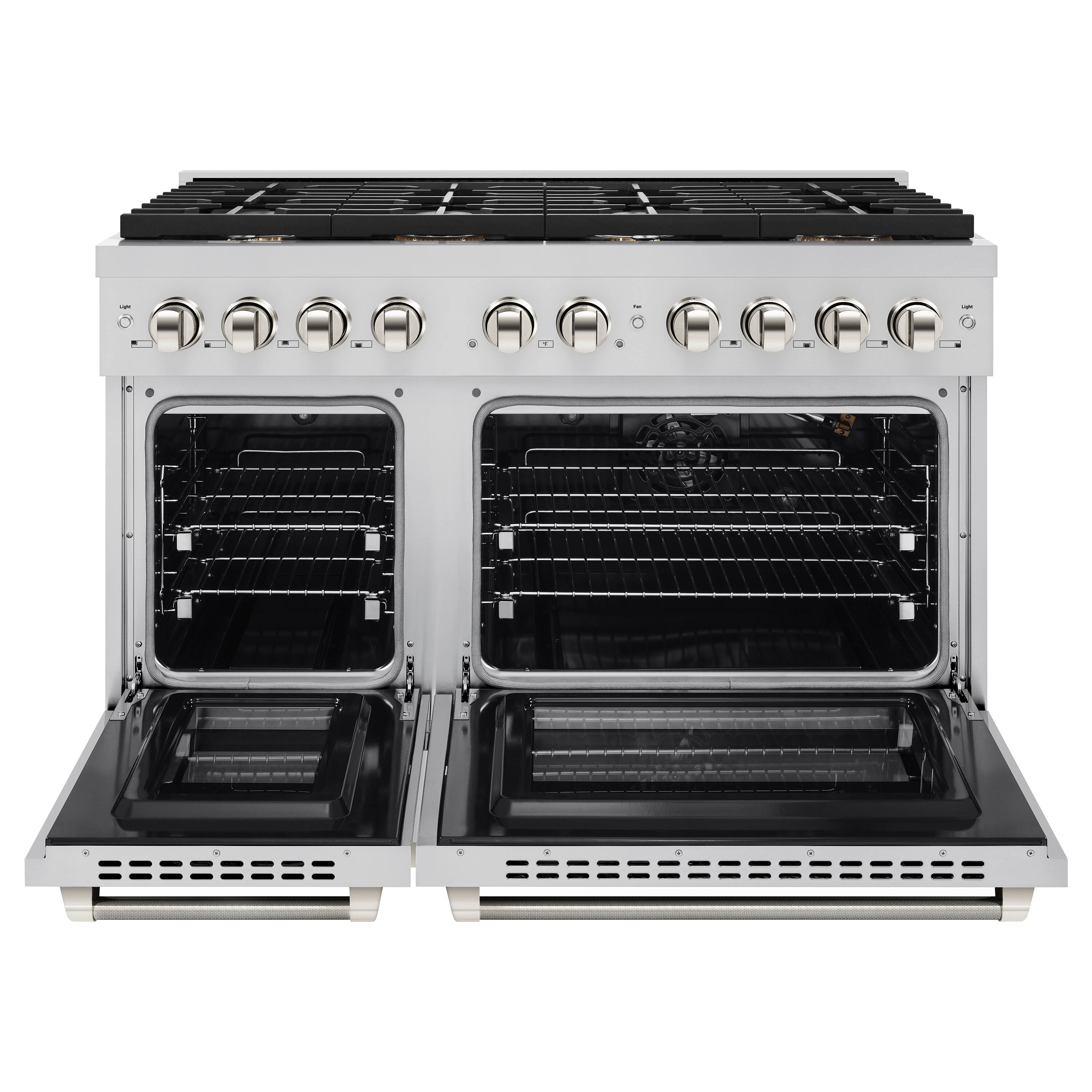 Angle. ZLINE - Autograph 48 in. 6.7 Cu. Ft. Freestanding Paramount Gas Range in Stainless Steel with Polished Nickel Helix Handles - Stainless Steel.