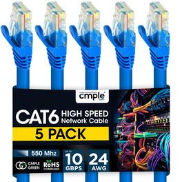 Cmple.com - Cmple - 5 Pack Cat6 Ethernet Cable 1.5 ft, Cat6 Internet Network Cord, Ethernet Patch Cables, LAN Wire, RJ45 - Blue