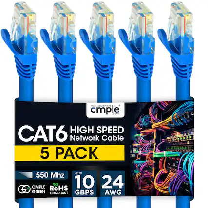 make connections cmple .com HIGH SPEED CAT6 Network Cable 5 PACK UP TO 550 Mhz CMPLE RoHS 10 24 S GREEN COMPLIANT GBPS AWG