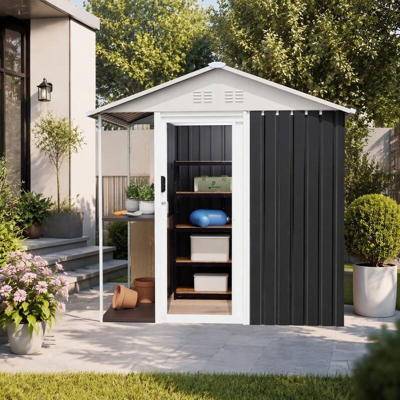 Left. RYHNUYNE - 6 x 4 FT Outdoor Storage Shed with Storage Shelves & Side Rack,Heavy Garden Tool Shed Bike Cabinet for Backyard - Black.
