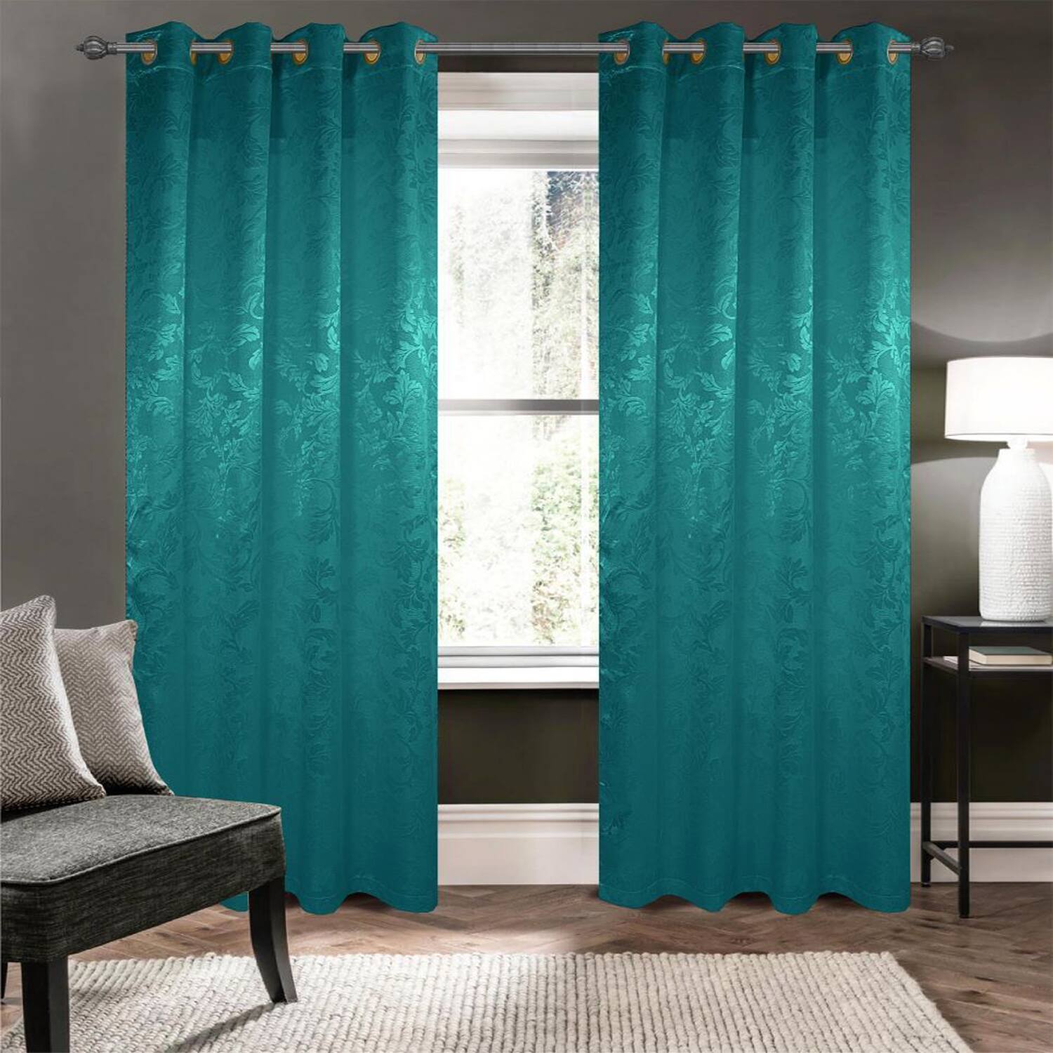 Angle. Olivia Gray - Olivia Gray 100% Polyester 200 GSM Dyson Embossed Blackout Grommet Curtain Panel 54" x 90" Teal - Teal.