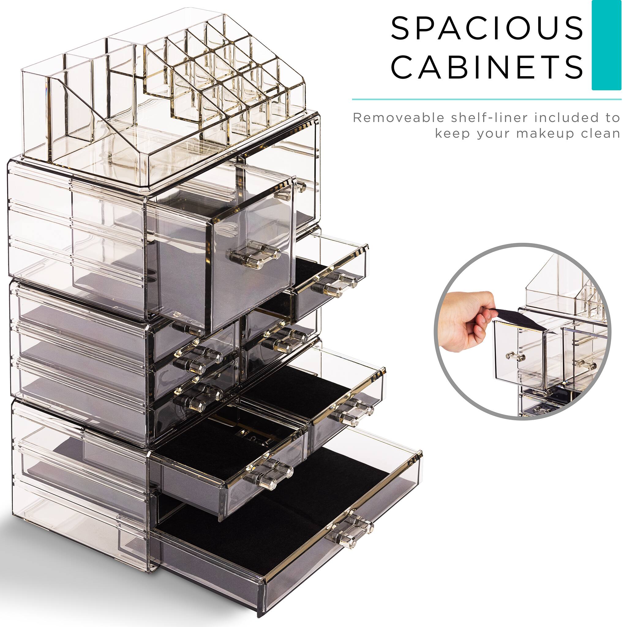 SPACIOUS CABINETS

Removeable shelf-liner included to keep your makeup clean