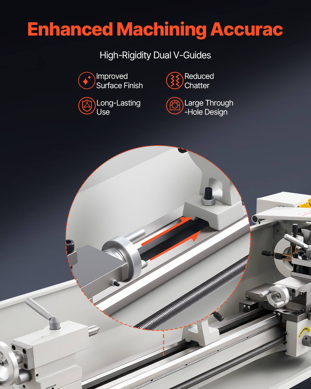 Enhanced Machining Accuracy  
High-Rigidity Dual V-Guides  
Improved Surface Finish  
Reduced Chatter  
Long-Lasting Use  
Large Through-Hole Design