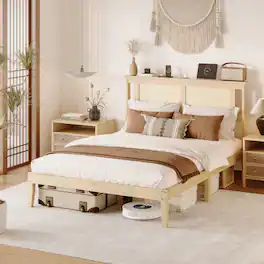 Winado - Rattan Bed Frame with Rattan Headboard Boho Wooden Platform Bed with Charging Station and Underbed Storage for Bedroom - Natural, Full Size