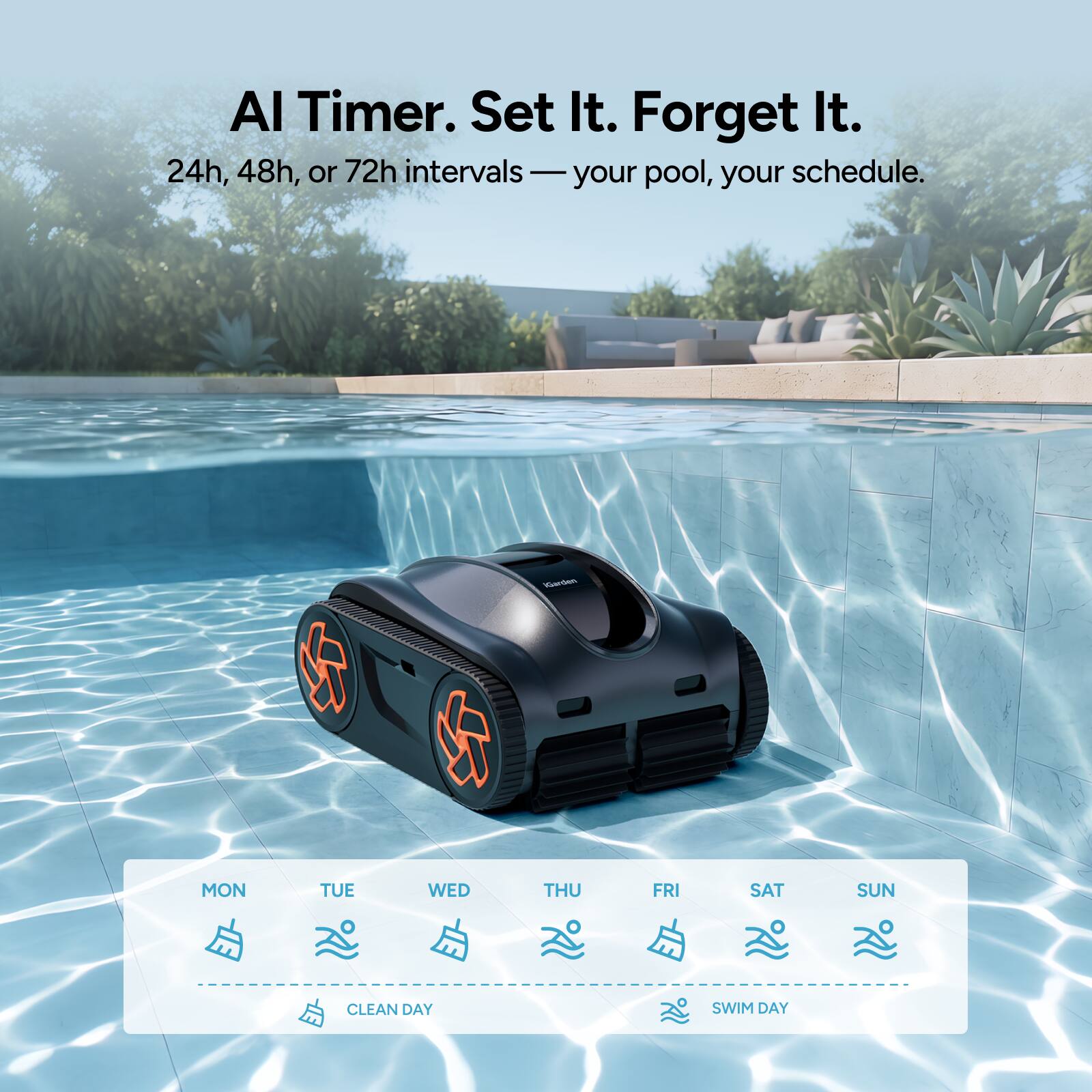 AI Timer. Set It. Forget It.  
24h, 48h, or 72h intervals — your pool, your schedule.

W  
Kurden  
MON  
TUE  
WED  
THU  
FRI  
SAT  
SUN  
CLEAN DAY  
SWIM DAY