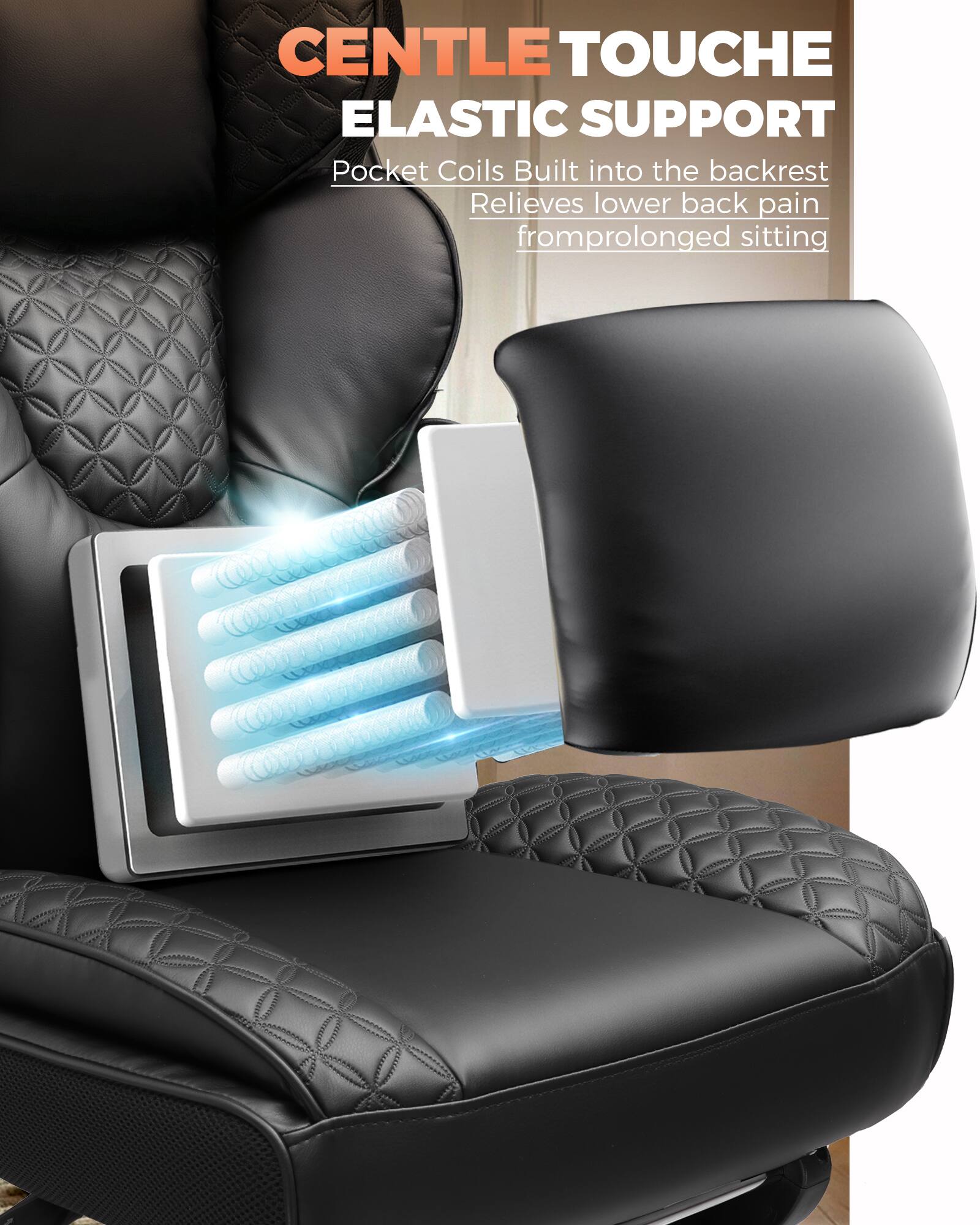 CENTLE TOUCHE  
ELASTIC SUPPORT  
Pocket Coils Built into the backrest  
Relieves lower back pain from prolonged sitting