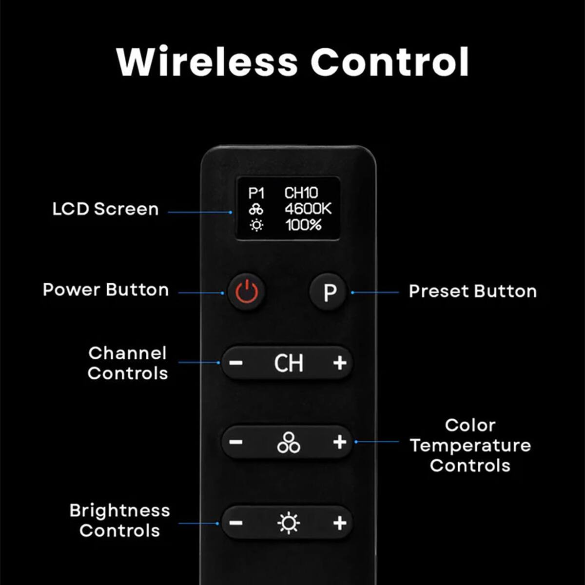 Wireless Control LCD Screen P1 8 CH10 4600K 100% Power Button P Preset Button Channel Controls - CH + - + Color Temperature Controls Brightness Controls - +
