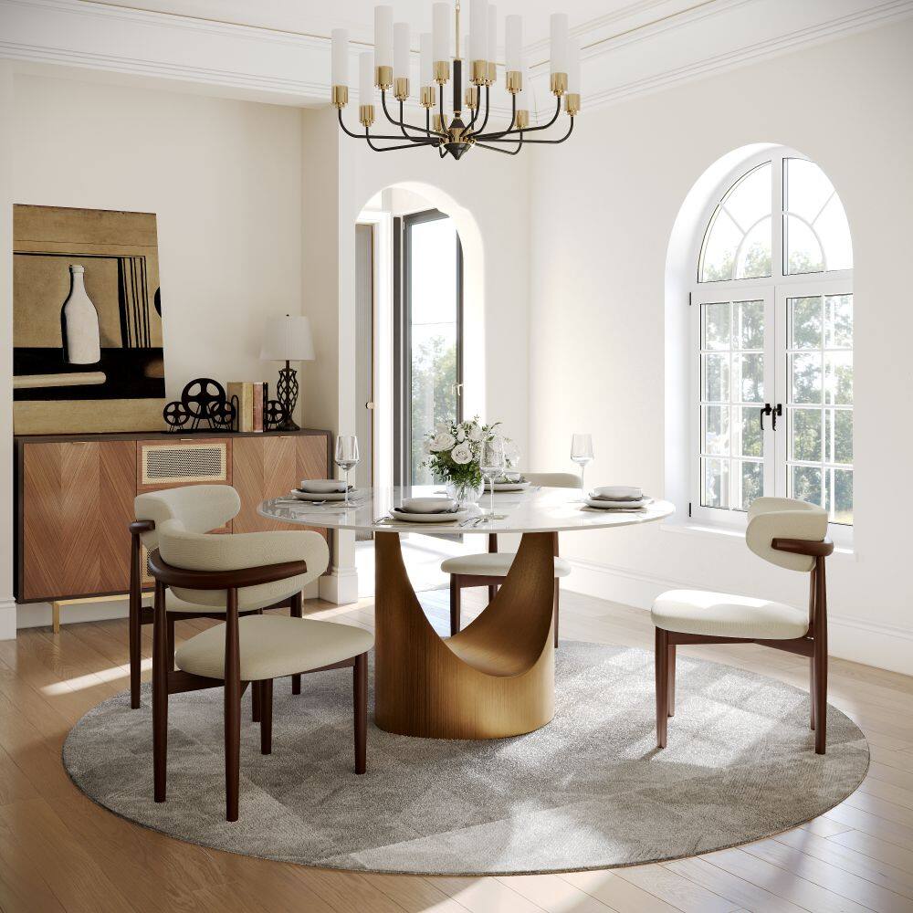 Left. POVISON - 47" White Round Glossy Sintered Stone Dining Table with Bronze U-shaped Steel Base - White Glossy Sintered Stone with Bronze Steel Base.