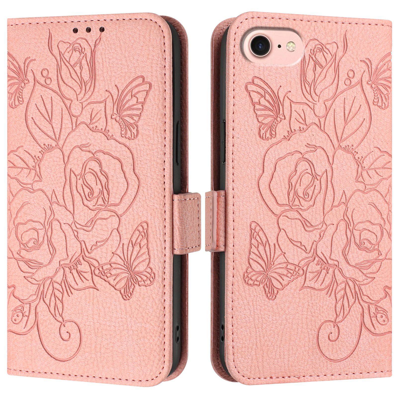 Front. Dteck - Embossed Texture Case for Apple iPhone 17e / 16e,Faux Leather Card Holder Wallet Case,Magnetic Closure Flip Cover+Strap - Pink.