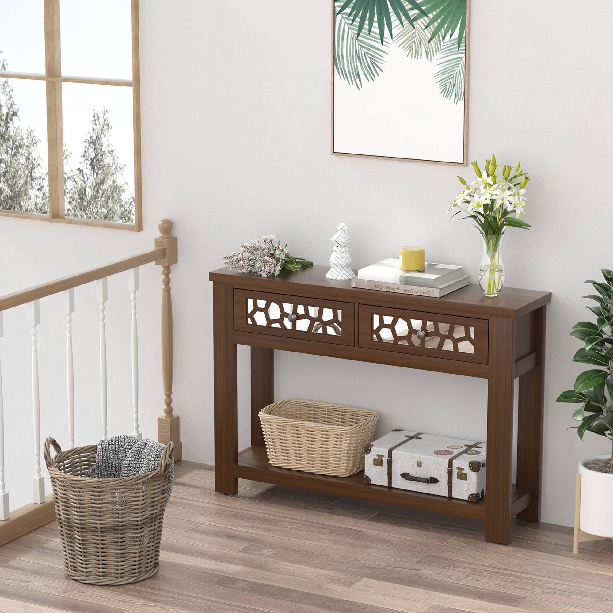 Alt View 4. Gymax - Gymax 2-tier Console Entryway Table w/ Drawers for Living Room Entrance Rustic Brown - Rustic Brown.