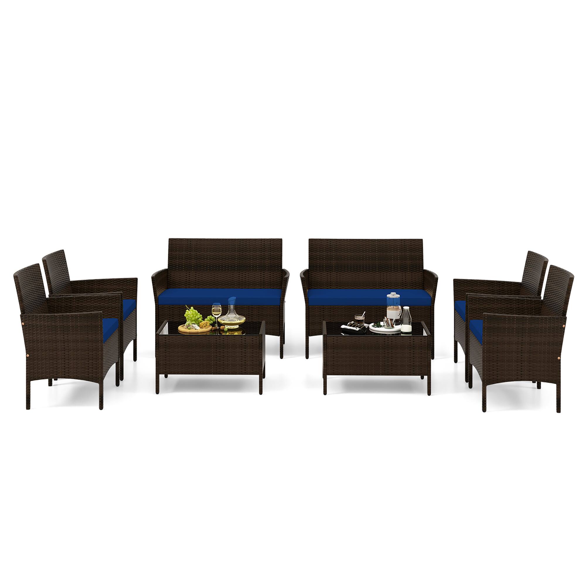 Alt View 1. Gymax - Gymax 8 PCS Patio Rattan Conversation Set Outdoor Wicker Furniture Set w/ Chair & Loveseat - Brown, Navy.
